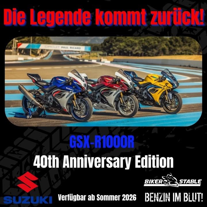 Vorschaubild für Post - Die Suzuki GSX-R1000R ist gebaut für die Rennstrecke – und für alle, die dort mental sowieso schon fahren. Mit knapp 200 PS aus einem hochdrehenden 1000er-Reihenvierzylinder katapultiert sie sich kompromisslos nach vorn. 
Sie ist nicht nur ein Supersportler – sie ist Suzukis klare Kampfansage an alle, die auf pure Performance stehen.

#suzukimotorrad #benzinimblut #dielegendekommtzurück #bikerlife #GSXR1000R