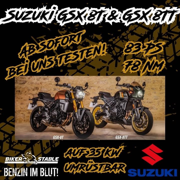 Vorschaubild für Post - Neu bei uns: Suzuki GSX-8T & GSX-8TT!
Zwei Bikes, ein Versprechen: Maximaler Fahrspaß!
Die GSX-8T bringt Touring-Komfort, sportlichen Look und den drehfreudigen 776er Parallel-Twin mit – inkl. Quickshifter, Traktionskontrolle & Fahrmodi. Bereit für die lange Strecke.
Die GSX-8TT ist der lässige Bruder im Rally-Style - mit passender Lampenmaske und Bugspoiler.
Jetzt reinschauen, Probefahrt buchen & den Herbst auf zwei Rädern genießen!
#benzinimblut #suzukigsx8t #suzukigsx8tt #bikelife