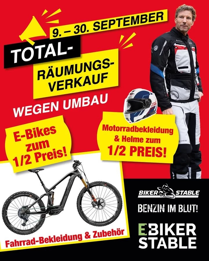 Vorschaubild für Post - Totalräumungsverkauf wegen Umbau!
Schnappt euch super Angebote zu Hammerpreisen!

#ebikeszumhalbenpreis #motorradbekleidungzumhalbenpreis #helmezumhalbenpreis #räumungsverkaufwegenumbau #schnäppchen