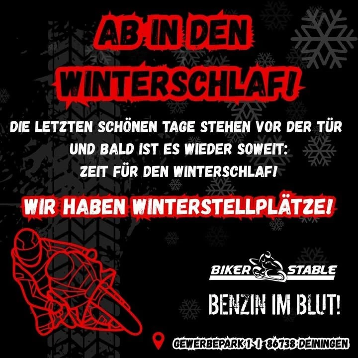 Vorschaubild für Post - Schnappt euch noch schnell einen der begehrten Winterstellplätze für euer Motorrad und lasst uns euer Schätzchen für die kalten Monate trocken und frostfrei lagern. Und warum nicht vorher noch eine Schönheitskur gönnen? Wir verpassen eurer Maschine neue Reifen, Kundendienst oder coole Upgrades, bevor wir sie einmotten.