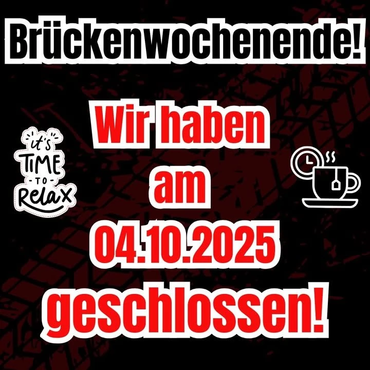 Vorschaubild für Post - Kleiner Hinweis für euren Kalender:
Am Samstag, den 04.10.2025 bleibt unser Team zuhause – wir nutzen den Brückentag nach dem Tag der Deutschen Einheit, um kurz durchzuatmen und neue Energie zu tanken. 💆♂️💪
Das heißt:
Wir haben an diesem Tag geschlossen.
Ab Dienstag, den 07.10.2025, sind wir wieder wie gewohnt für euch da – motiviert, gut erholt und bereit für alles, was kommt!
Euer Biker Stable Team!