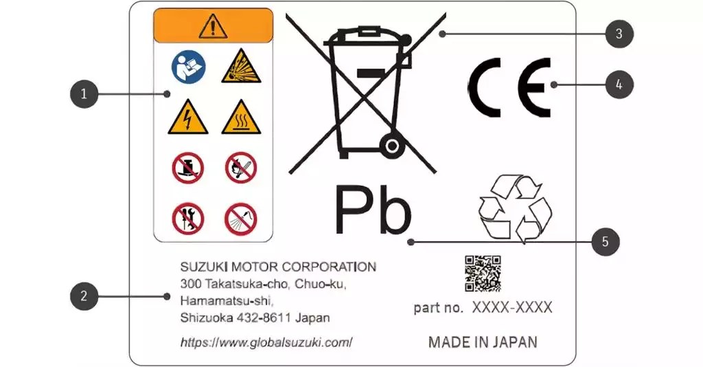 Warnhinweis mit Sicherheitssymbolen, Herstellerangabe (Suzuki Japan), Symbol für getrennte Sammlung (durchgestrichener Mülleimer), CE-Kennzeichen und Hinweis auf Blei (Pb) als Schwermetall