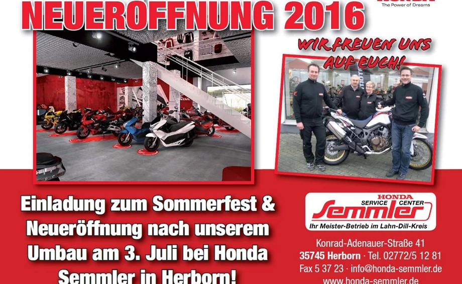 Honda Semmler - Sommerfest/Neueröffnung 2016 Bild 1: Honda Semmler - Sommerfest/Neueröffnung 2016