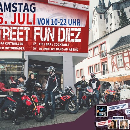 Street Fun Diez powered by MCA Den 15. Juli solltet ihr euch rot im Kalender anstreichen, denn wir bringen die Diezer Altstadt in Wallung. Von 10 - 22 Uhr findet in Kooperation  ...