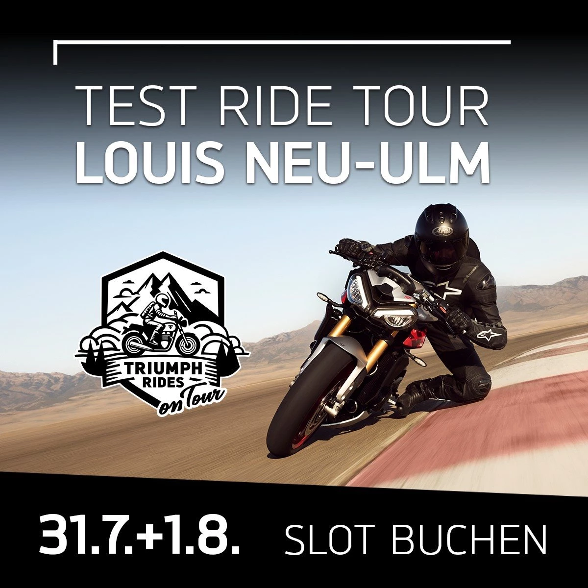 Vorschaubild für Post - Willkommen bei „TRIUMPH RIDES on Tour“ – Deine einmalige Chance, die Freiheit auf zwei Rädern zu erleben! Tauche ein in die Welt von Triumph, wo die neuesten und legendärsten Modelle nur darauf warten, von Dir entdeckt zu werden. Unsere exklusive Test Ride Tour macht am 31. Juli und 1. August Halt bei @louismotorrad  in Neu-Ulm (Memminger Straße 51) und bietet Dir die perfekte Gelegenheit, Dein Traummotorrad in Aktion zu erleben. Egal, ob Du ein erfahrener Biker oder ein Neuling bist, auf der Suche nach Adrenalin oder dem Klang eines klassischen Motors – bei uns findest Du das perfekte Modell für Deine Probefahrt. 

Buche noch heute Deine Probefahrt. Verpasse nicht die Gelegenheit, Teil dieser unvergesslichen Triumph-Erfahrung zu werden. Dein Abenteuer beginnt hier!

#triumphschwaebischealb #testridetour #triumphmotorcycles #heroldstatt #bikelife #triumphgermany #fortheride #performance #2026wirdlegendär #louismotorrad #probefahrt