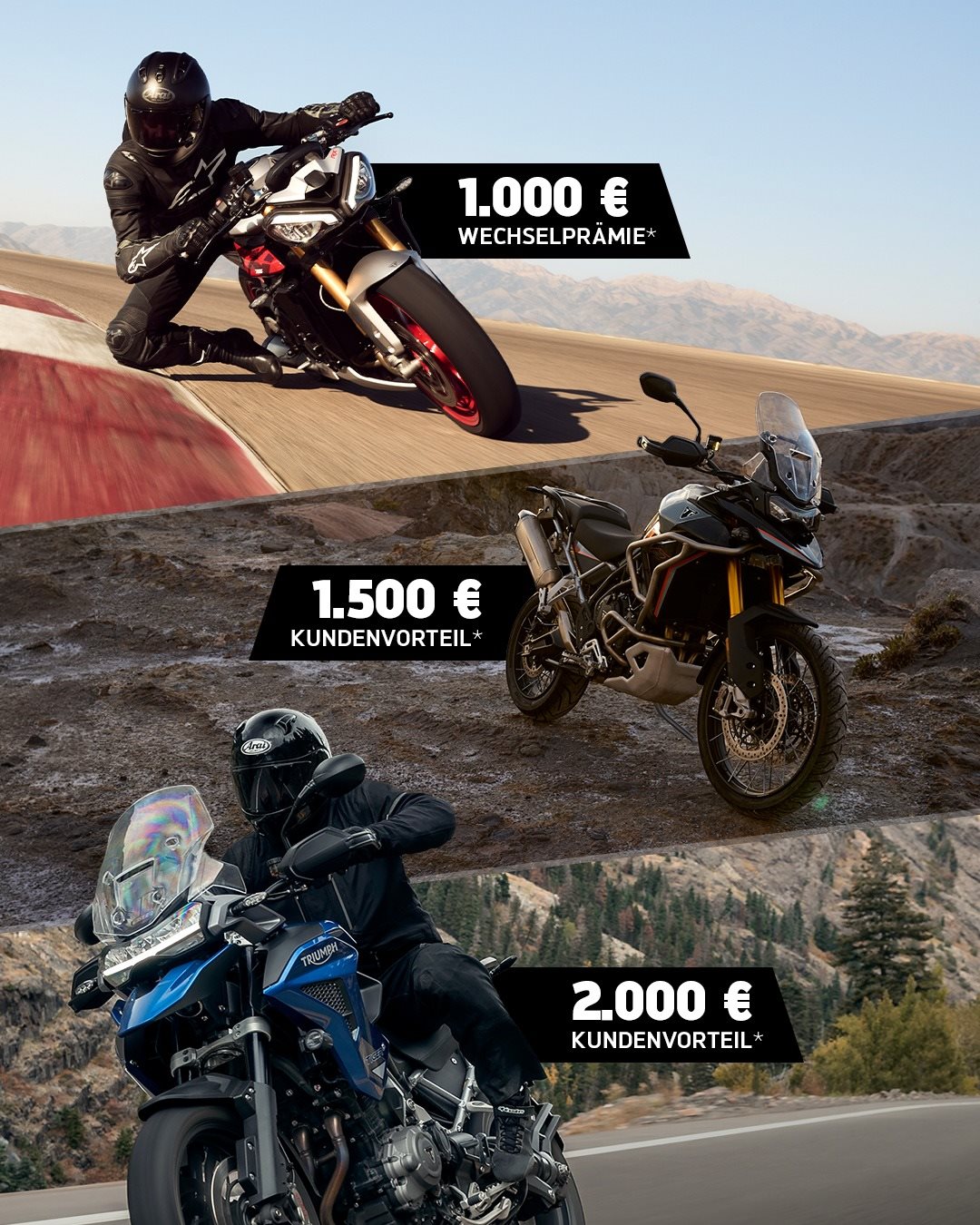 Vorschaubild für Post - Sichere dir noch vor Saisonende die besten Deals auf deine nächste Triumph. 🏍️
Wir beraten dich gern, welches Bike zu dir passt!

🏍️ 1.000 € Wechselprämie* für die Street Triple 765 RX⁣
🏔️ 1.500 € Kundenvorteil* auf die Tiger 900 Alpine oder Desert Edition⁣
🏞️ 2.000 € Kundenvorteil* auf die Tiger 1200⁣

*Angebotsdetails siehe Webseite
#triumph #triumphmotorcycles #streettriple765rx #tiger900 #tiger1200