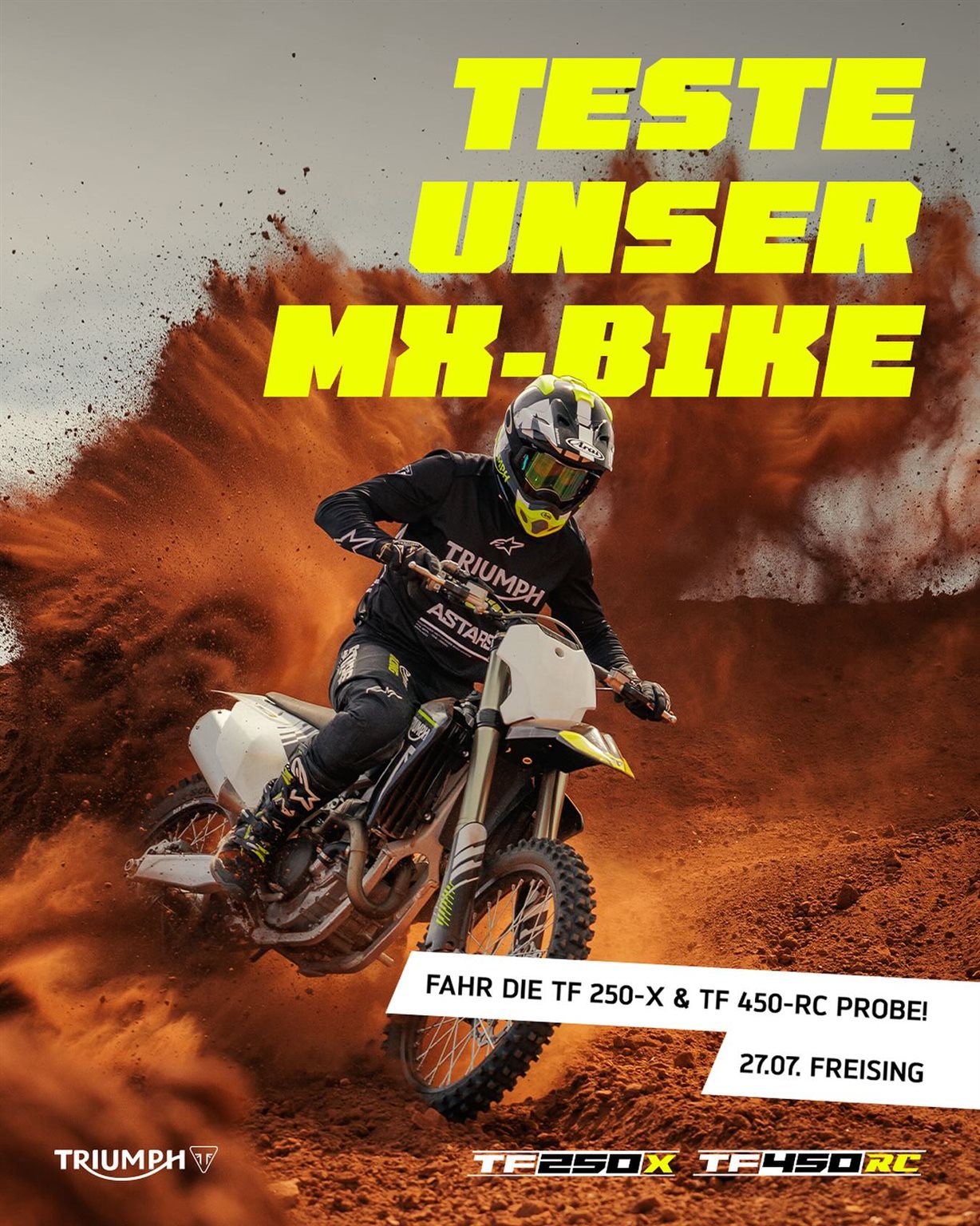 Vorschaubild für Post - 🏁 Teste unser MX-Bike! 🏁
Adrenalin pur wartet auf dich! 🔥
Am 27.07. in Freising hast du die Chance, die brandneuen Triumph TF 250-X & TF 450-RC auf Herz und Nieren zu testen. 💪
Du willst MX-Feeling live erleben?
Dann sei dabei und sichere dir deinen Platz!
📍 Freising
📅 27. Juli
📸 Ride. Roost. Repeat.
👉 Anmeldung & Infos über triumph-rides-on-tour.de
#TriumphMX #TF250X #TF450RC #Motocross #Freising #MXTestday #TriumphMotorcycles #RideTriumph #TestRide #MXAction #OffroadAdventure #triumphofficial #triumphdeutschland #triumphmuenchen #triumphmunich #doerrgroup #fortheride #triumphbikes