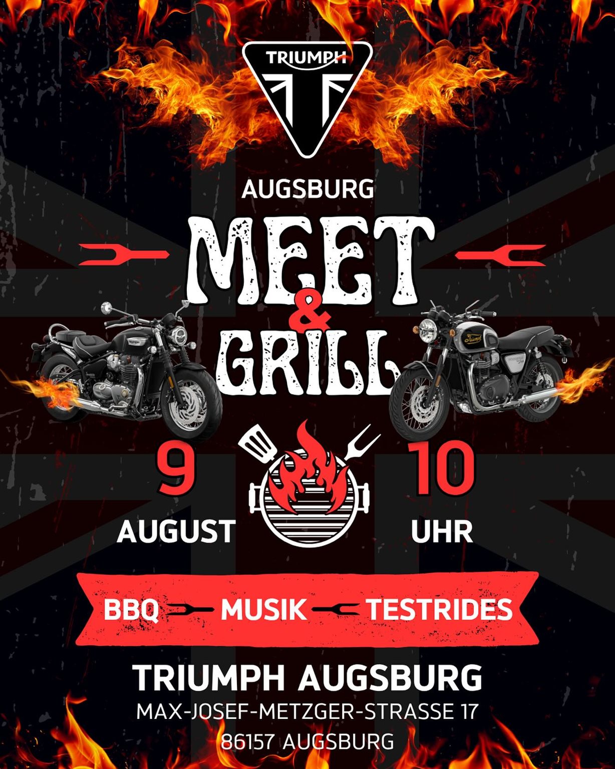 Vorschaubild für Post - 🔥 Meet & Grill bei unseren Kollegen in Augsburg! 🔥

Am 9. August steigt das große BBQ-Event bei Triumph Augsburg – und wir von Triumph München sind natürlich auch am Start! 💪

Freut euch auf:

✅ Testrides mit aktuellen Triumph Bikes
✅ Gegrilltes & gute Stimmung
✅ Musik, Biker-Talks & Community-Vibes

📍 Triumph Augsburg, Max-Josef-Metzger-Str. 17, 86157 Augsburg
🕙 10–18 Uhr

Kommt vorbei, sagt Hallo – und lasst uns gemeinsam den Sommer feiern! 🌞🔥

#triumphmünchen #triumphaugsburg #meetandgrill #bbqandride #bikercommunity #fortheride #triumphmotorcycles #triumphliebe #bikerevent #testride #doerrgroup