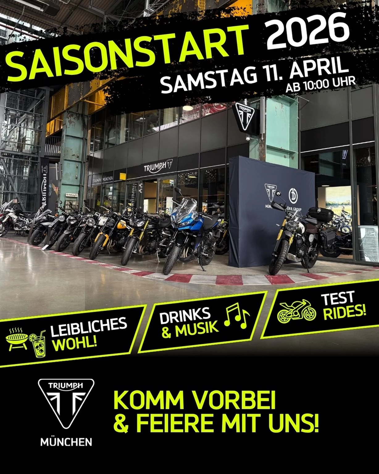 Vorschaubild für Post - Der Frühling ist da und wir feiern den Saisonstart! Schnapp dir deinen Helm und komm vorbei – es wird Zeit, dass wir gemeinsam in die neue Motorrad-Saison rollen.

Was dich erwartet:
• 🔥 Leibliches Wohl: Essen & kühle Drinks.
• 🎶 Gute Vibes: Musik für die richtige Stimmung.
• 🏍️ Test Rides: Schwing dich auf die neuesten Modelle!
• 🤝 Community: Triff Gleichgesinnte und quatsche über die ersten Touren des Jahres.

🗓 WANN: Samstag, 11. April 2026
🕙 AB: 10:00 Uhr
📍 WO: Triumph München 

Komm vorbei und feiere mit uns! Wir freuen uns auf dich. 🤘