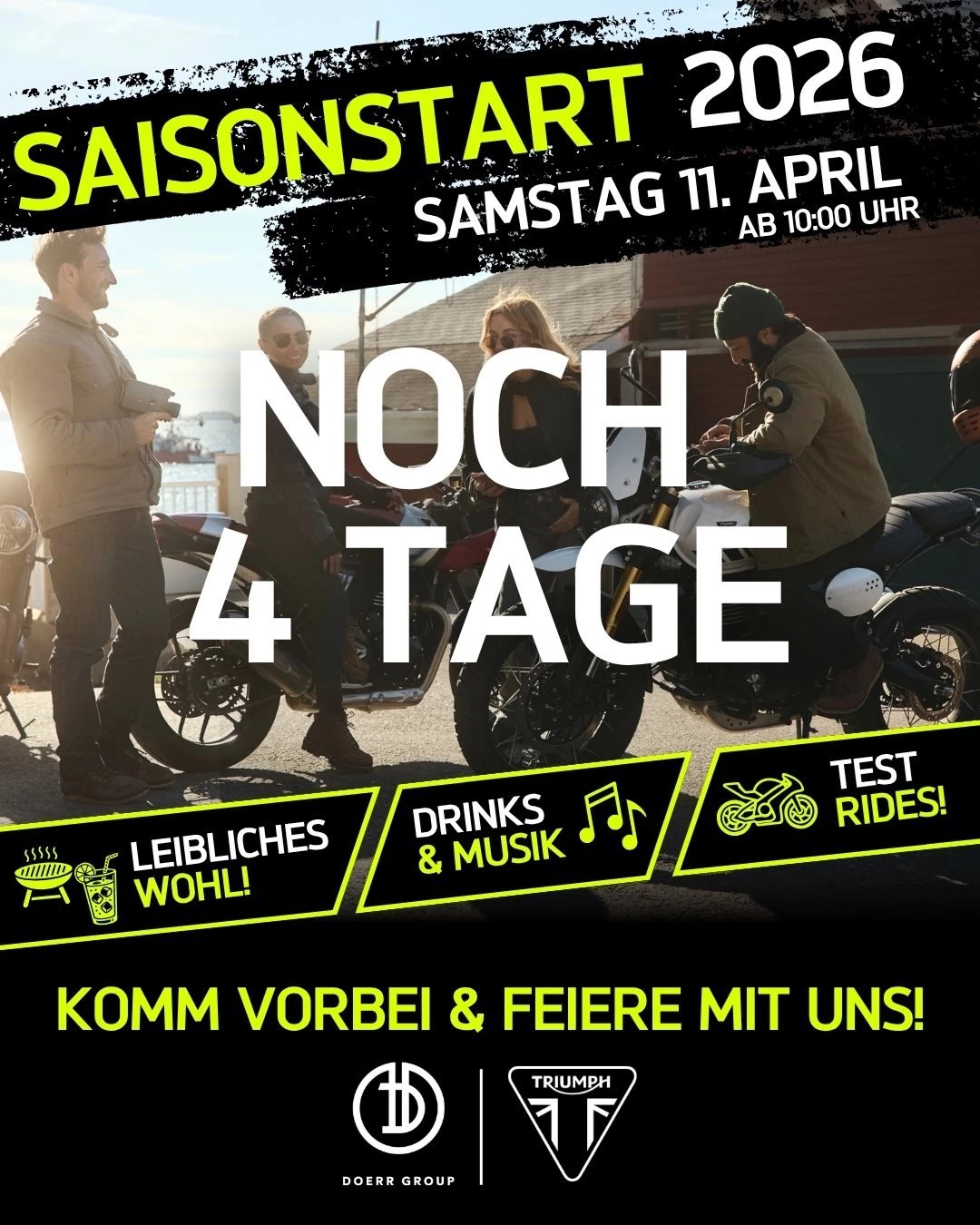 Vorschaubild für Post - Hungrig auf die neue Saison? 🥨☕ In 4 Tagen sorgen wir für die nötige Stärkung! Neben exklusiven Testrides haben wir reichlich Snacks und Drinks für euch vorbereitet.
Für das leibliche Wohl ist absolut gesorgt – so startet es sich am besten in den Frühling! 🏎️💨

📍 Triumph München | 10 – 15 Uhr