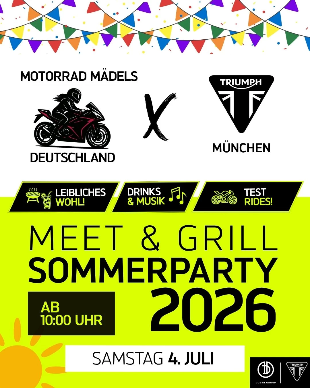 Vorschaubild für Post - Mädels, aufgepasst! 🏍️✨ Am 04.07. wird es bei unserem "Meet & Grill" Sommerfest in München richtig voll – und verdammt cool! Wir freuen uns riesig, die @moto_maedels bei uns in München begrüßen zu dürfen! 🥳

Egal ob du frisch den Führerschein hast, am liebsten Kurven im Voralpenland jagst oder erfahrene Tourenfahrerin bist: Die am schnellsten wachsende Frauen-Motorrad-Community Deutschlands rollt bei uns an. Markenunabhängig, altersübergreifend und einfach mit maximaler Leidenschaft fürs Biken.

Was erwartet dich?
🔥 Bestes BBQ & kühle Getränke
🏍️ Kostenlose Probefahrten unserer Triumph Modelle
💬 Benzingespräche & Networking mit den Mädels aus der Region München
✨ Neue Kontakte und die Chance, Teil dieser genialen Community zu werden!

Du willst dabei sein?
Einige Mädels organisieren bereits gemeinsame Anfahrten nach München, andere kommen direkt zu uns an den Store. Pack deine Freundinnen ein, komm vorbei und lass uns gemeinsam einen unvergesslichen Sommertag verbringen. ☀️

Wir freuen uns auf viele bekannte und neue Gesichter! 🤝