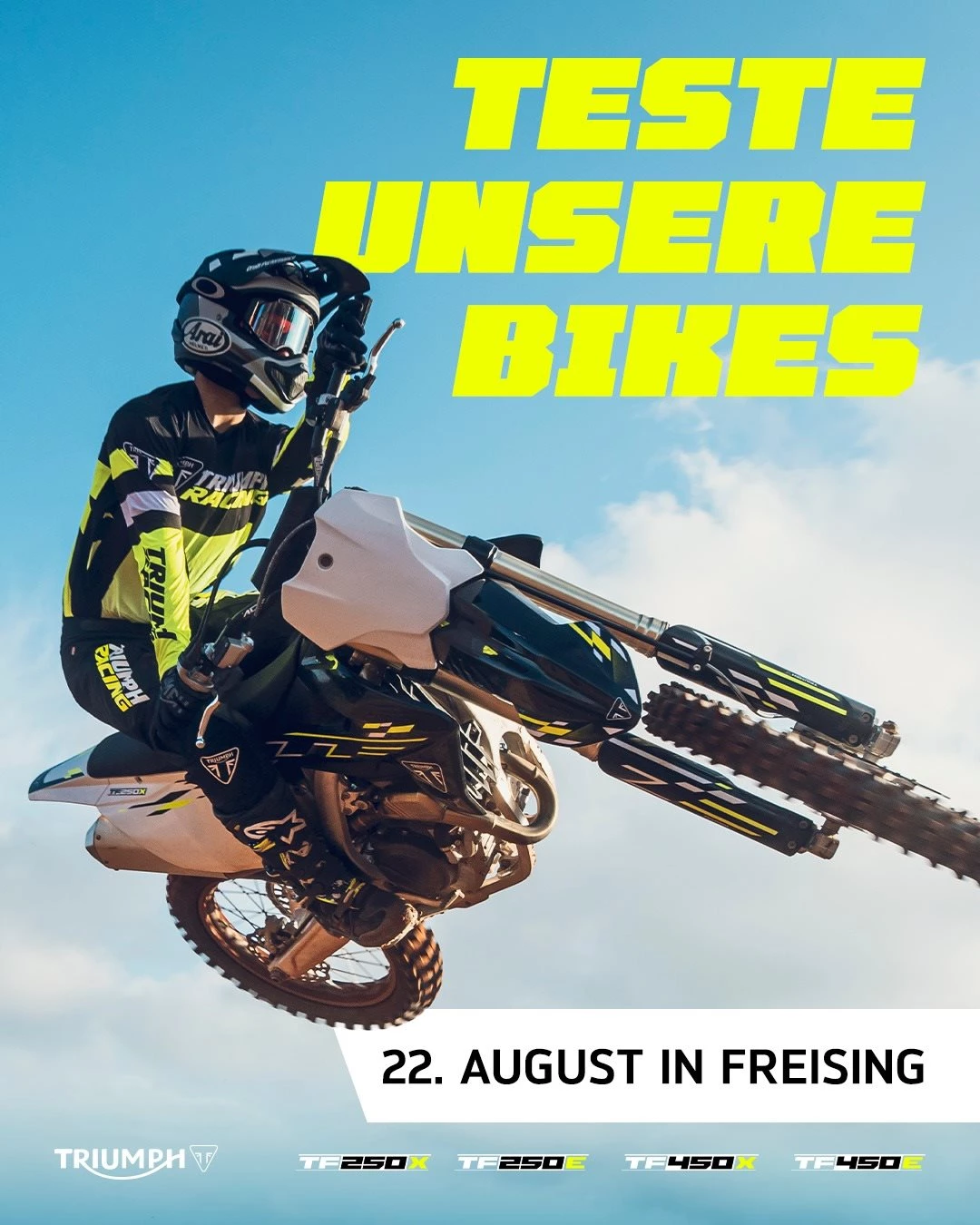 Vorschaubild für Post - 🏁 BEREIT FÜR DIE NEUE OFFRROAD-ÄRA? 🏁

Wir bringen die brandneue Triumph MX- & Enduro-Flotte direkt auf die Strecke – und DU kannst sie testen! 💥

Setz dich beim MSC Freisinger Bär selbst in den Sattel und spüre die Performance der neuen TF-Modelle am eigenen Leib. Die Teams von Triumph München & Augsburg sind vor Ort, um dich zu supporten und alle Fragen zu klären.

📅 WANN & WO?
📍 MSC Freisinger Bär (Nordallee 60, 85356 Freising)
🗓️ Samstag, 22. August, 10-12:30 Uhr, 14-18 Uhr
🏍️ Modelle: TF 250-X, TF 250-E, TF 450-X & TF 450-E

⚡️ PROBEFAHRT SICHEN:
Die Teilnahme ist 100% kostenlos, aber die Plätze sind extrem begehrt! Sichere dir deinen Slot jetzt, bevor alle Zeiten weg sind.

👉 JETZT ANMELDEN: Link in der Bio! 🔗

Lasst uns gemeinsam den Dreck aufwirbeln! ✊💨

#TriumphMotorcycles #TriumphRacing #TF250X #TF450X #MSCFreisingerBär #Offroad #MotocrossGermany #Enduro #TriumphMünchen #TriumphAugsburg
