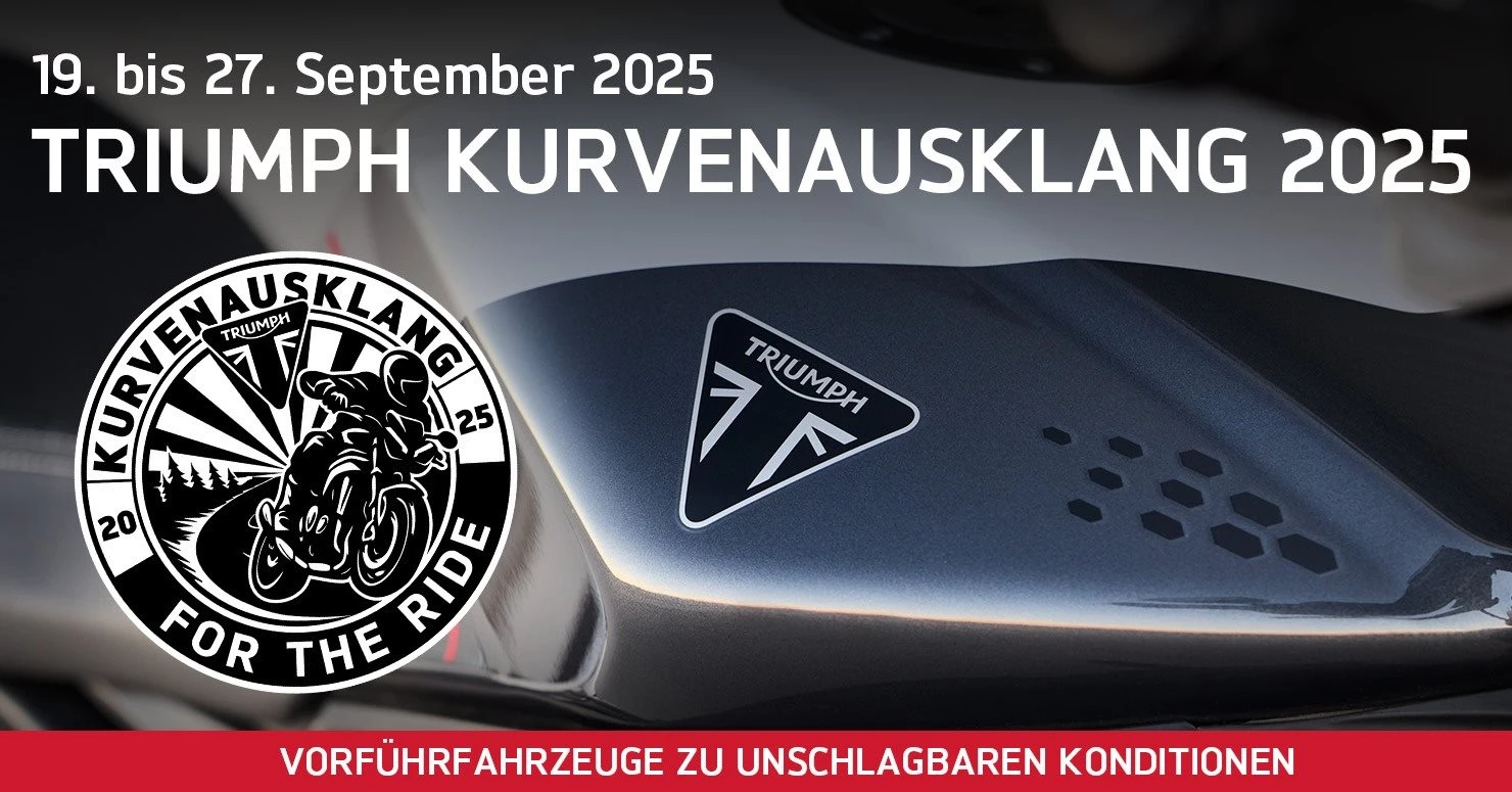 Vorschaubild für Post - Triumph Kurvenausklang - am Freitag, dem 19. September 2025 startet unser Super Sale auf Demofahrzeuge. Ein echtes Highlight zum Saisonende - finde aus unserer großen Motorrad-Demoflotte dein Traumbike und profitiere von wesentlichen Vorteilen beim Kauf eines Vorführmodells. Unsere Fahrzeugauswahl hat für jeden Geschmack etwas mit dabei.

Deine Vorteile beim Kauf eines Vorführmodells:

Top-Zustand unserer Fahrzeuge
Perfekte Wartung der Motorräder
Geringe Kilometerleistung
Attraktiver Preisvorteil gegenüber Neufahrzeugen
Fortlaufende Werksgarantie für dein Motorrad
Schnelle Verfügbarkeit mit kurzen Lieferzeiten

#Demofahrzeuge #triumphsteiermark #triumphmotorcycles #fortheride #Motorradliebe #Saisonabschluss #vorführer #motorradabverkauf #motorradklinik #kurvenausklang
---------------------
*Angebot gültig bis 27.09.2025 auf gekennzeichnete Fahrzeuge und solange der Vorrat reicht. Änderungen, Satz- und Druckfehler vorbehalten.