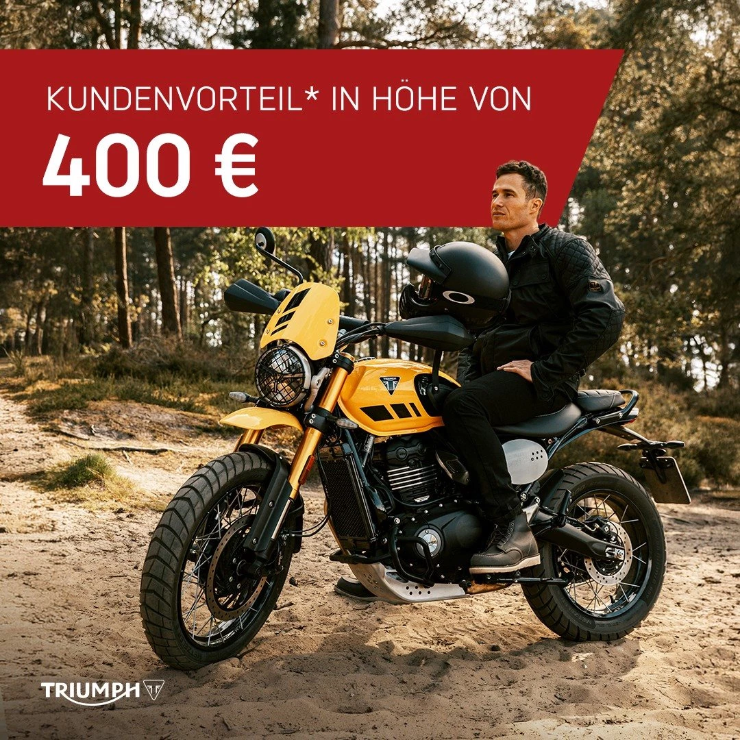 Vorschaubild für Post - JETZT NOCH KUNDENVORTEIL IN HÖHE VON 400€ SICHERN*

Die 400cm³ Modellfamilie von Triumph bietet für jeden Fahrer das passende Bike an: Von der straßenfokussierten Speed 400 als praktischer Retro-Roadster über die coole und geländefähige Scrambler 400 X bis hin zur Scrambler 400 XC, welche mit ihrem Fahrwerk, den Speichenrädern und dem farblich abgestimmten Bodywork noch stärker auf die Fahrten abseits der Straße ausgelegt ist. Die ""kleinen"" Triumph-Modelle der 400er-Baureihe überzeugen durch höchste Verarbeitungsqualität, cooles, zeitloses Styling und echten britischen Spirit.

Sichere Dir für kurze Zeit einen Kundenvorteil in Höhe von 400€ auf die 400er-Modellfamilie*!

#triumphkärnten #kundenvorteil #fortheride #triumphmotorcycles 

Alle Angebote und mehr Informationen unter:
🔗 Triumph Südsteiermark:
https://www.triumph-steiermark.at/de/triumph-promotions
