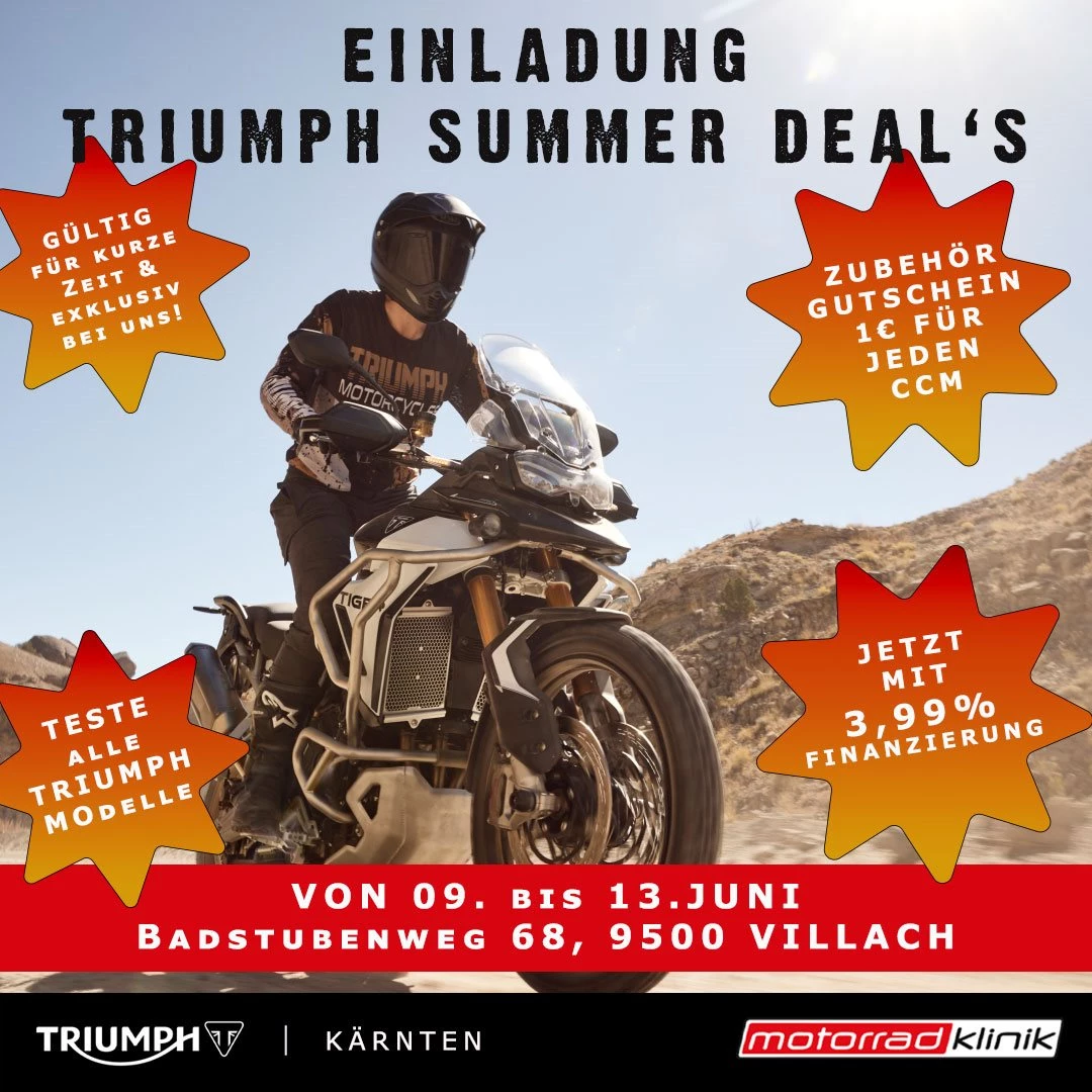 Vorschaubild für Post - ☀️🏍️ Triumph Summer Deals – vom 9. bis 13. Juni und nur bei uns! 🏍️☀️

Jetzt ist die perfekte Zeit, dein Traumbike zu finden! Freu dich auf exklusive Angebote und sichere dir attraktive Vorteile:

🔥 1 € pro ccm geschenkt auf Original Triumph Zubehör* (auf Materialkosten)
🔥 Finanzierung 3,99 % bei variabler Laufzeit und nur bei uns!
🔥 Teste alle Modelle!

Komm vorbei, entdecke die aktuellen Triumph Modelle bei einer Probefahrt und starte mit deinem neuen Bike in den Sommer.

📅 9. – 12. Juni (zu unseren offiziellen Öffnungszeiten)
📍 Nur bei Triumph Kärnten & Süd Steiermark

#summerdeals☀️ #triumphmotorcycles #triumphkärnten #fortheride