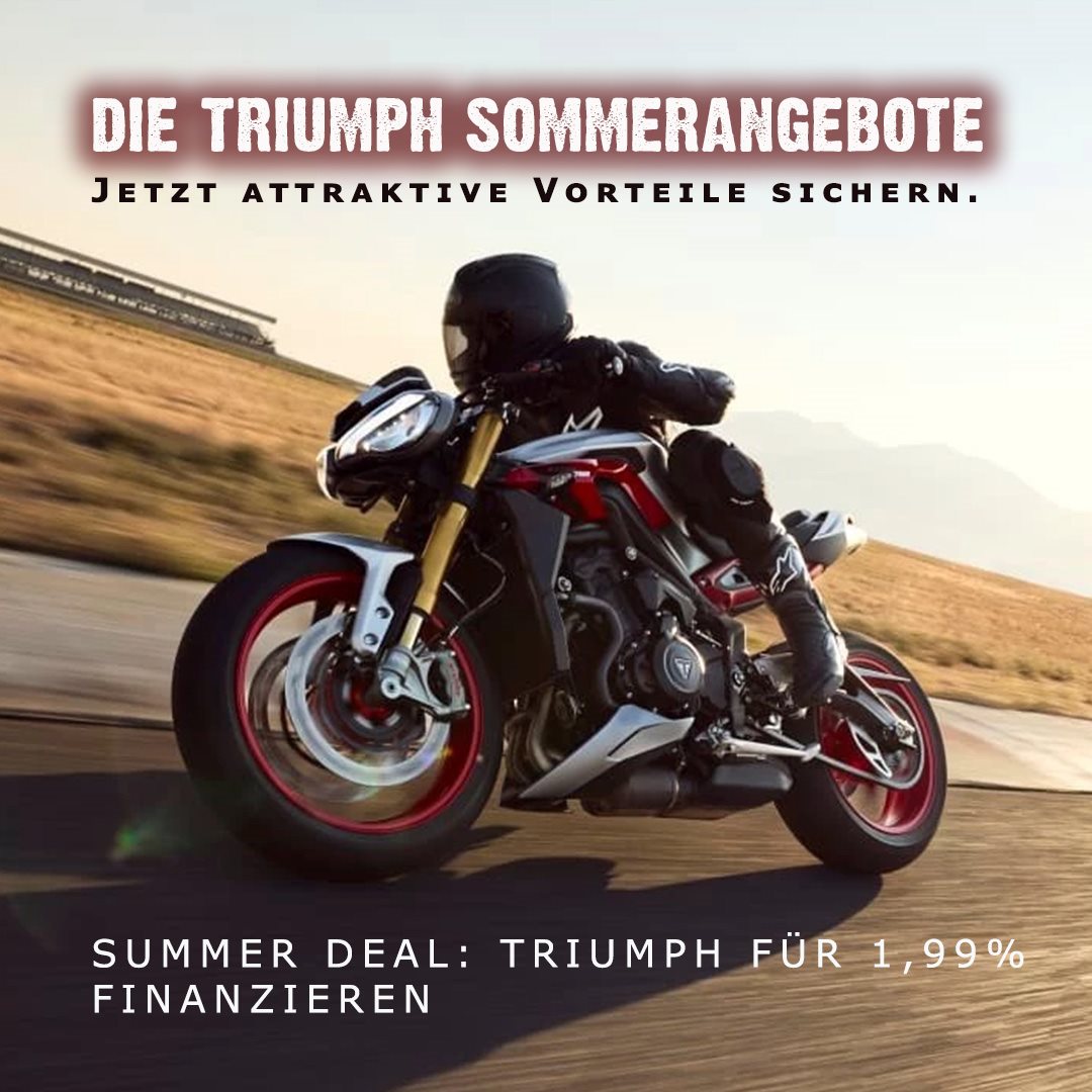 Vorschaubild für Post - JETZT TRIUMPH SOMMERANGEBOTE SICHERN. 
TRIUMPH FÜR 1,99%* FINANZIEREN

Heiße Temperaturen, heiße Preise: Sichere dir im Aktionszeitraum vom 13. Juli bis zum 31. August 2026 dein Traumbike mit der 1,99% Finanzierung auf fast alle Modelle. Du hast die freie Wahl zwischen performanten und stylischen Roadstern, coolen Cruisern mit "laid back" Attitüde, geländegängigen Adventure Bikes für jede noch so weite Reise oder aber unseren zeitlos-coolen und ikonischen Modern Classic Modellen. Mach den Sommer unvergesslich und erfüll dir deinen Triumph-Traum, jetzt zu unschlagbaren Konditionen.

Alle Angebote und mehr Informationen unter:
🔗 Triumph Kärnten:
https://www.triumph-kaernten.at/de/triumph-promotions