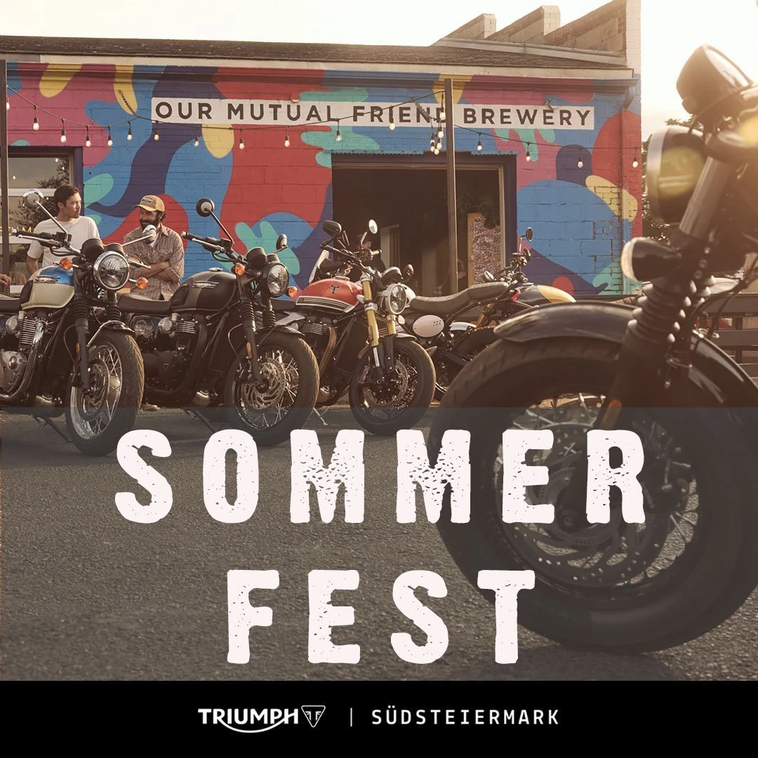 Vorschaubild für Post - SAVE THE DATE - Triumph Südsteiermark - Sommerfest am Sa. 1. & So. 2. August!

Zwei Tage voller Motorradleidenschaft, Neuheiten, guter Stimmung und vielen Highlights.
🏍️ Die neuesten Modelle entdecken
🔥 Attraktive Angebote und Aktionen
🤝 Benzingespräche mit Gleichgesinnten
🍔 Kulinarik & Sommerfest-Atmosphäre
Ob eingefleischter Biker oder Motorradbegeisterter – dieses Wochenende solltest du nicht verpassen!
📍 Leibnitz/Gralla
🗓️ Sa. 1. & So. 2. August | 09:00 - 17:00 Uhr
Wir freuen uns auf zwei unvergessliche Tage mit euch!