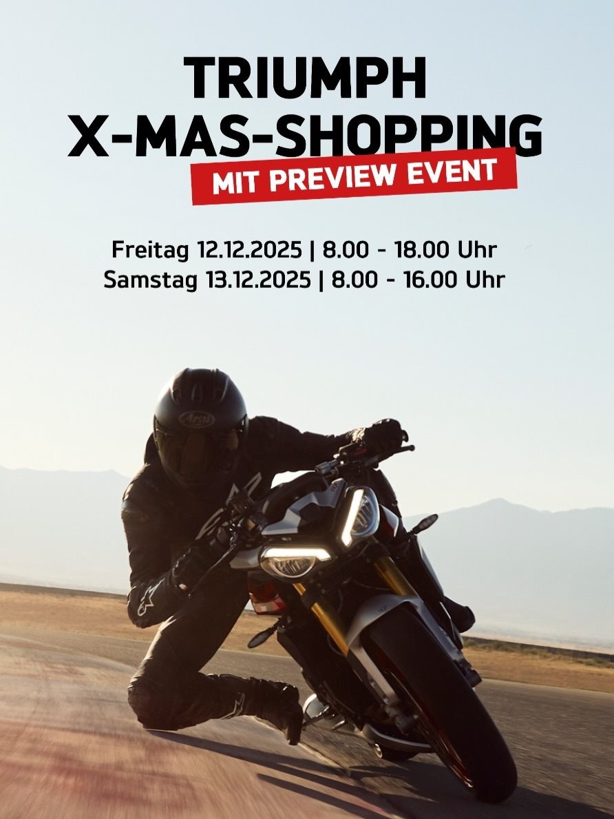 Vorschaubild für Post - 🎄🎄 TRIUMPH X-MAX-SHOPPING MIT PREVIEW-EVENT

Du willst schon vor der neuen Saison wissen, was Triumph 2026 zu bieten hat? Dann komm zu unserem TRIUMPH PREVIEW EVENT am 12.+13.12.2025!

Anfassen, Probesitzen, Verlieben – wir zeigen dir die brandneuen Triumph Modelle:
👉🏼 Street Triple RX: noch schärfer, noch sportlicher
👉🏼 Trident 800: kraftvoller Triple, modernes Retro-Design

Neben den beiden Highlights erwarten dich viele starke Angebote – und natürlich schöne vorweihnachtliche Stimmung. 😊

Sei dabei und entdecke die Bikes, die nächstes Jahr die Straßen übernehmen!

📅 12. & 13.12.2025
📍 Motorrad Dirnberger, Cham

#triumphmotorcycle #triumphtrident #triumphstreettriple #teamdirnberger #motorcycle #motorcycle_moment #bikelifestyle #newbike