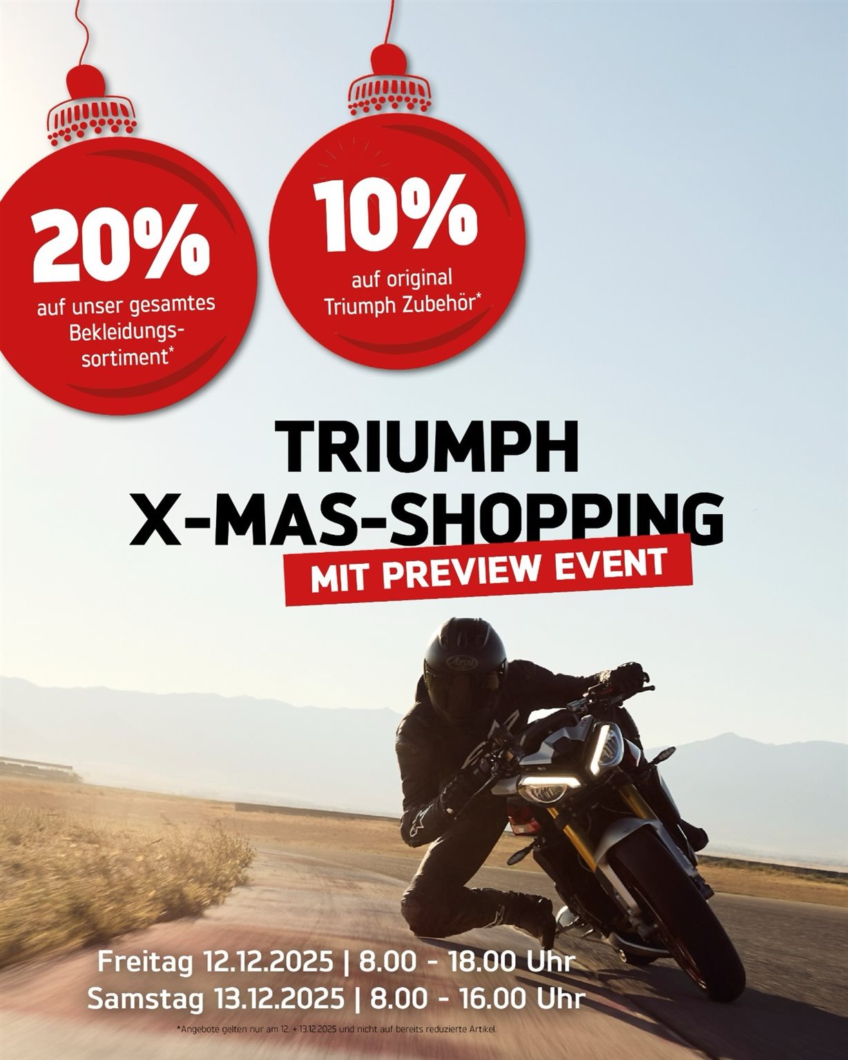 Vorschaubild für Post - Du willst schon vor der neuen Saison wissen, was Triumph 2026 zu bieten hat? Dann komm zu unserem TRIUMPH PREVIEW EVENT am 12.+13.12.2025!

Anfassen, Probesitzen, Verlieben – wir zeigen dir die brandneuen Triumph Modelle:
👉🏼 Street Triple RX: noch schärfer, noch sportlicher
👉🏼 Trident 800: kraftvoller Triple, modernes Retro-Design

Neben den beiden Highlights erwarten dich viele starke Angebote – und natürlich schöne vorweihnachtliche Stimmung. 😊

Sei dabei und entdecke die Bikes, die nächstes Jahr die Straßen übernehmen!

📅 12. & 13.12.2025
📍 Motorrad Dirnberger, Cham

#triumphmotorcycle #triumphtrident #triumphstreettriple #teamdirnberger #motorcycle #motorcycle_moment #bikelifestyle #newbike