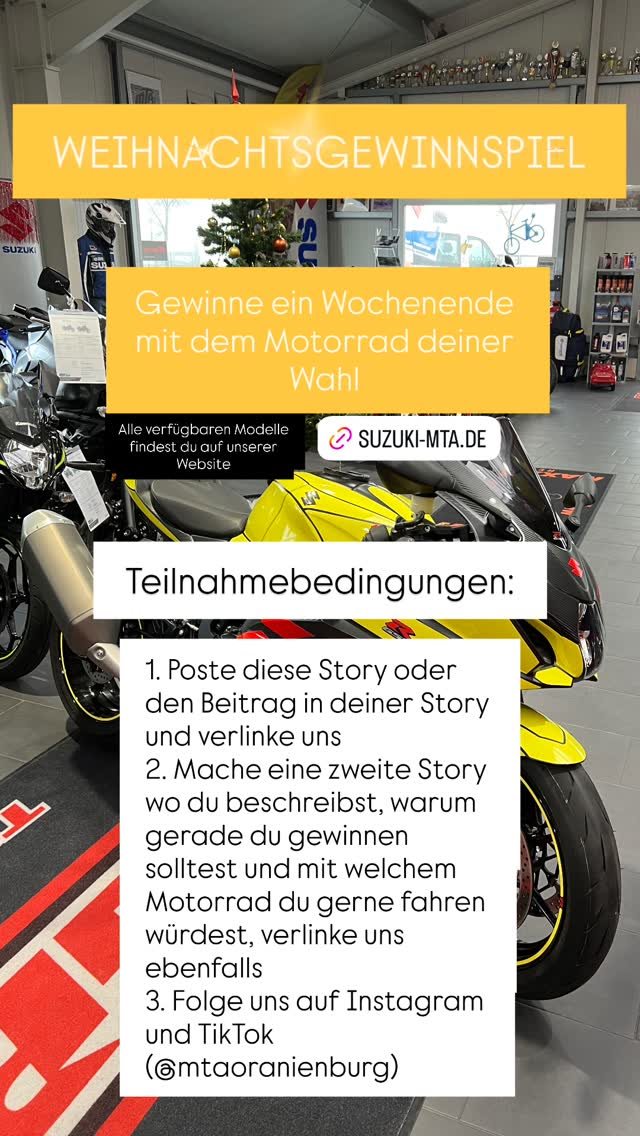 Vorschaubild für Post - Mach mit und Gewinne ein kostenloses Wochenende mit dem Motorrad deiner Wahl!

Alle verfügbaren Modelle findest du auf unserer Website!

Teilnahmebedingungen:
1. Poste diese Story oder den Beitrag in deiner Story und verlinke uns
2. Mache eine zweite Story wo du beschreibst, warum gerade du gewinnen solltest und mit welchem Motorrad du gerne fahren würdest, verlinke uns ebenfalls
3. Folge uns auf Instagram und TikTok (@mtaoranienburg)

Teilnahme bis zum 31.12.2025 möglich.
Der Gewinner wird am 05.01.2026 bekannt gegeben.

#motorcycle #fun #raffle #oranienburg #cfmoto #suzuki #kawasaki