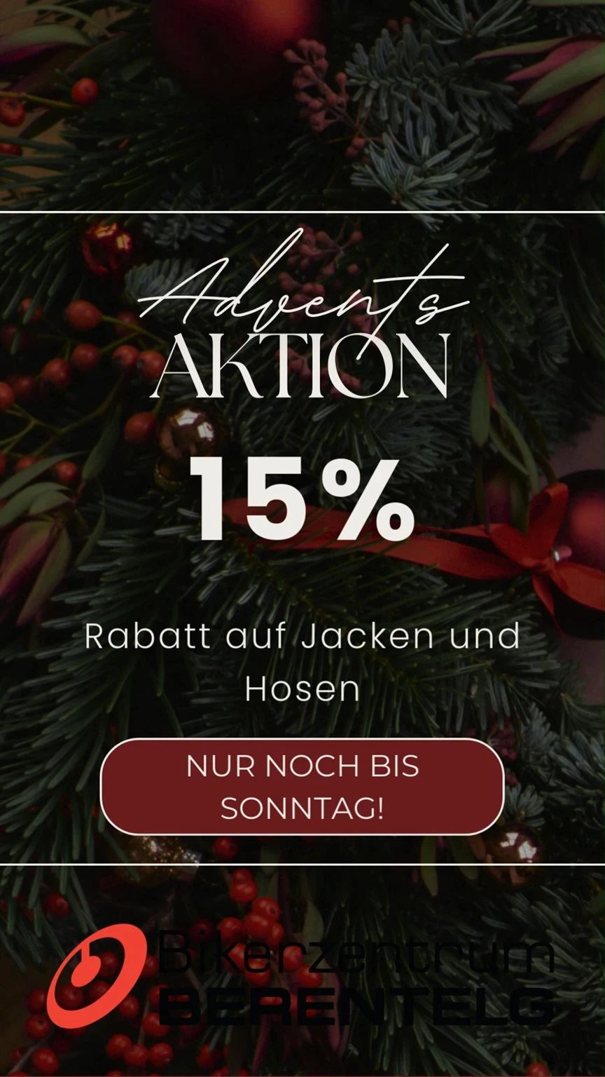 Vorschaubild für Post - ⏰ Denkt dran! 🎄✨
Unsere Adventsaktion läuft nur noch bis Sonntag!

Diese Woche gibt’s 15 % auf alle Motorradjacken & -hosen – perfekt für warme Wintertouren oder als Geschenk für eure Lieblingsbiker. 🏍❄️

➡️ Nur bis Sonntag im Bikerzentrum Berentelg!

👉 Welche Jacke oder Hose würdest du dir sichern?

#adventsaktion #bikerzentrumberentelg #motorradbekleidung #bikerlife #xmasdeal #motorradjacke #motorradhose