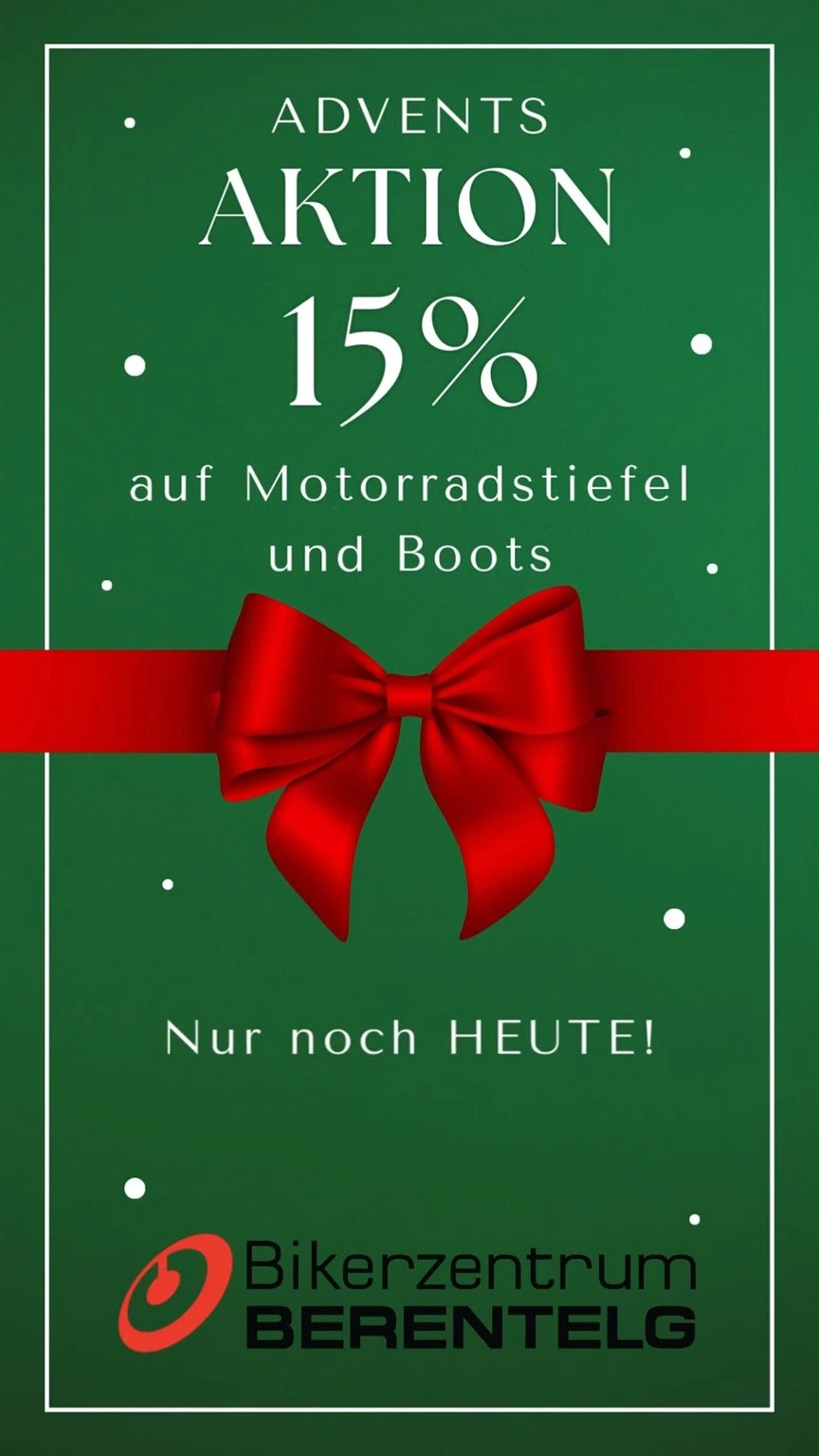 Vorschaubild für Post - ⏰ Nur noch heute! 🎄✨
Unsere 4. Adventsaktion – das große Finale läuft nur noch heute!
Sichert euch jetzt 15 % auf alle Motorradstiefel & Boots – für mehr Sicherheit, Komfort und Style auf dem Bike. 🥾🏍️

➡️ Letzte Chance!
👉 Welche Stiefel würdest du dir aussuchen?

#adventsaktion #bikerzentrumberentelg #motorradstiefel #boots #bikerlife #xmasdeal
