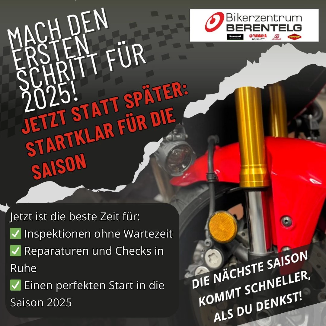 Vorschaubild für Post - JETZT. ODER SPÄTER WARTEN.
🏍️🔧

Die Saison kommt.
Die Werkstatt füllt sich.
Und wer zu spät kommt, steht später an.

Der Januar ist deine Chance:
✅ Inspektionen ohne Wartezeit
✅ Reparaturen ohne Stress
✅ Motorrad fertig, bevor andere Termine suchen

Mach dein Motorrad jetzt startklar –
nicht erst, wenn alle gleichzeitig in die Werkstatt wollen.

👉 Jetzt Termin sichern. Später einfach fahren.

Bikerzentrum BERENTELG – Werkstatt