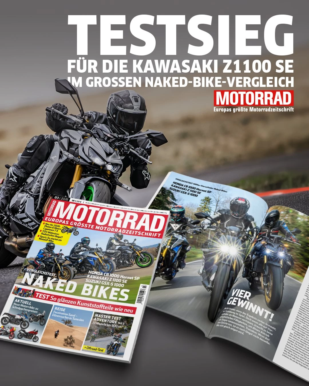 Vorschaubild für Post - 🏆 TESTSIEG für die Kawasaki Z1100 SE! 🏆
Die Kawasaki Z1100 SE sichert sich Platz 1 im großen Naked-Bike-Vergleich* der MOTORRAD 03/2026 📰🔥

Besonders überzeugt hat die Redaktion:
💪 der kraftvolle Reihenvierzylinder.
🏍💨 der beeindruckende Durchzug aus jeder Lage.
😎 die souveräne Performance auf der Landstraße.
Ein Motor, der begeistert.

Ein Gesamtpaket, das im Alltag wie auf der Feierabendrunde überzeugt.

👉 Die Z1100 SE könnt ihr bei uns im Haus live erleben – wir beraten euch gern persönlich.

#Kawasaki #KawasakiDeutschland #LetTheGoodTimesRoll #Z1100SE #Testsieg #NakedBike

*Gegen: Honda CB 1000 Hornet SP & Suzuki GSX-S 1000