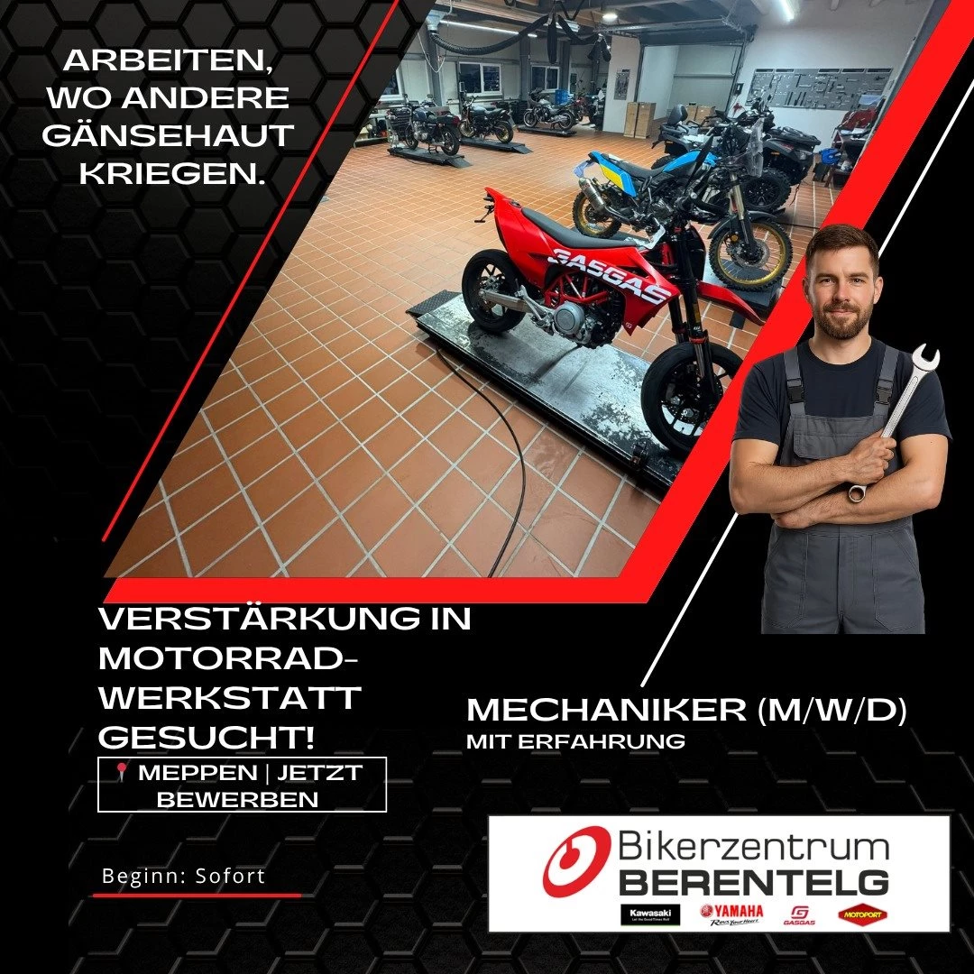 Vorschaubild für Post - 🏍️🔧 Wir wachsen weiter – werde Teil unseres Werkstatt-Teams!

Neue Werkstatt, neue Marken, mehr Power:
Mit dem Bikerzentrum Berentelg, Pricker & Buß und als neuem KTM Händler bauen wir unser Team gezielt aus.

👉 Du bist KFZ-Mechatroniker, Zweiradmechaniker oder Zweiradmechatroniker (m/w/d) und suchst einen sicheren Job mit Zukunft?

Dann bieten wir dir genau das richtige Umfeld:
✔️ Moderne, neu gebaute Motorrad-Werkstatt 🏗️
✔️ Arbeiten mit Top-Marken wie Yamaha, Kawasaki & KTM 🏍️
✔️ Sicherer Arbeitsplatz durch stetiges Wachstum 📈
✔️ Geregelte Arbeitszeiten – keine Überstunden ⏰
✔️ Starkes Team & kurze Entscheidungswege 🤝

Wichtig: Wir suchen zusätzliche Verstärkung, kein Ersatz.

📩 Jetzt unkompliziert bewerben:
bewerbung@bikerzentrum-berentelg.de

📲 WhatsApp / Tel.: 05931-98860