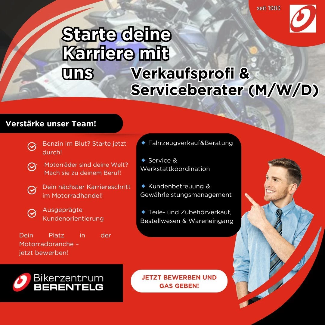 Vorschaubild für Post - 🏍️ **Kaufmännischer Allrounder (m/w/d) gesucht!**

### Verkauf • Zubehör • Onlinehandel • Motorradleidenschaft

Du hast Benzin im Blut, kannst mit Kunden umgehen und willst mehr als nur einen langweiligen Bürojob?
Dann komm ins Team vom **Bikerzentrum-Berentelg** in Meppen!

Wir suchen einen kaufmännischen Allrounder (m/w/d), der mitdenkt, Verantwortung übernimmt und Lust auf die Motorradbranche hat.

---

🔥 **Deine Aufgaben**
✅ Verkauf von Neu- & Gebrauchtmotorrädern
✅ Beratung zu Zubehör, Bekleidung & Finanzierung
✅ Teilevertrieb & Lagerorganisation
✅ Betreuung unseres Gebrauchtteile- & eBay-Shops
✅ Pflege von Online-Angeboten & Artikeldaten
✅ Kundenberatung vor Ort, telefonisch & online
✅ Unterstützung bei Organisation & Auftragsabwicklung

---

👤 **Das solltest du mitbringen**
✔ Ausbildung als Automobilkaufmann, Zweiradmechaniker, KFZ-Mechatroniker, Meister oder vergleichbare Erfahrung
✔ Kaufmännisches Denken & technisches Verständnis
✔ Eigenverantwortliche und zuverlässige Arbeitsweise
✔ Spaß am Kundenkontakt
✔ Begeisterung für Motorräder, Zubehör & moderne Vertriebswege

---

💥 **Was dich erwartet**
🔹 Abwechslungsreicher Arbeitsalltag statt monotone Routine
🔹 Verantwortung & eigenständiges Arbeiten
🔹 Modernes Motorradunternehmen mit Zukunft
🔹 Familiäres Team & kurze Entscheidungswege
🔹 Arbeiten mit Motorrädern, Zubehör & Onlinehandel