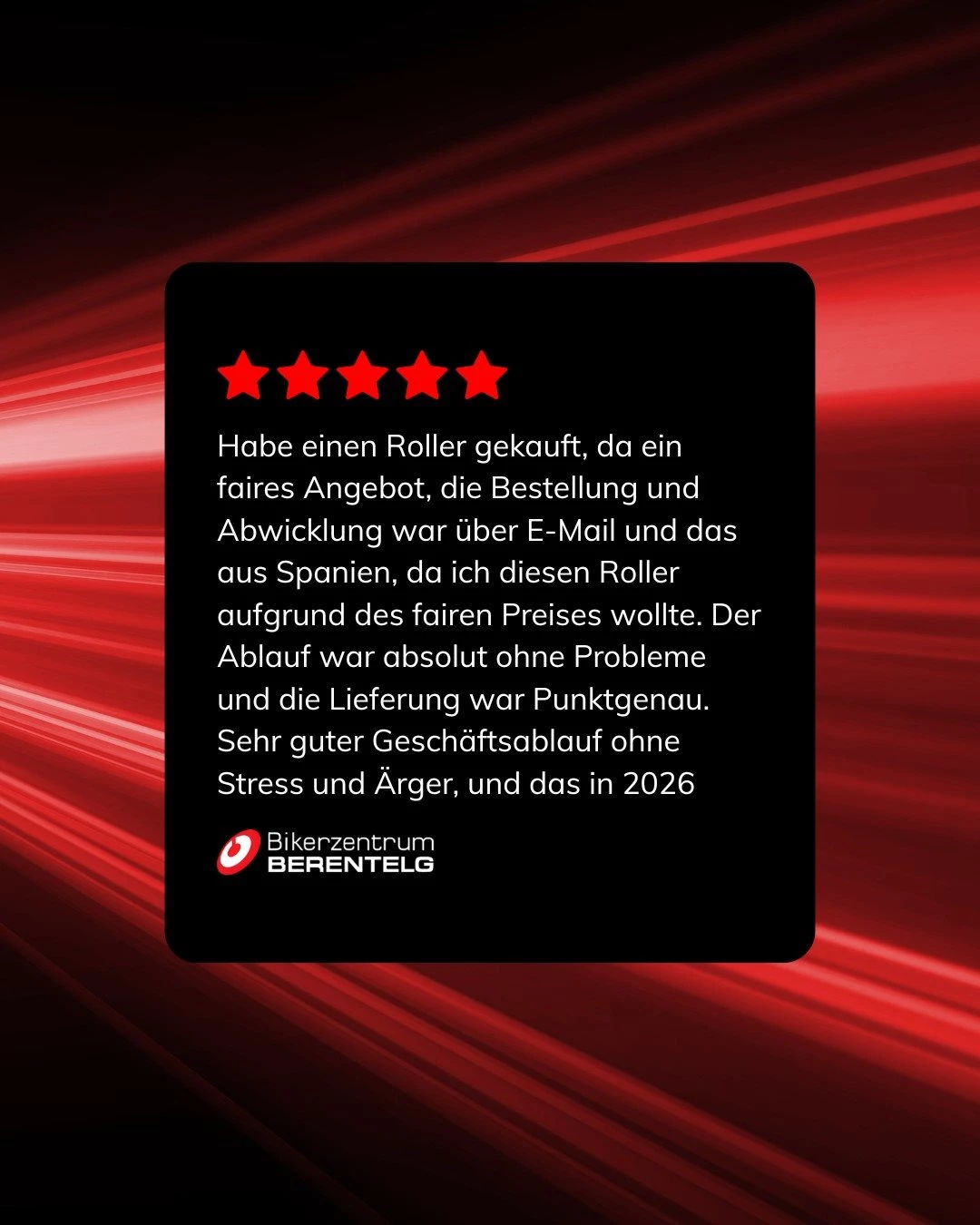 Vorschaubild für Post - 5 Sterne. Aus Spanien. Per Mail bestellt. Punktgenau geliefert. ⭐⭐⭐⭐⭐
Wer guten Service will, findet uns – egal von wo. 🏍️🖤
📍 Bikerzentrum Berentelg | Meppen
🔗 Link in der Bio

#BikerzentrumBerentelg #Kundenbewertung #5Sterne #Roller #Motorrad #Bikerleben #meppen