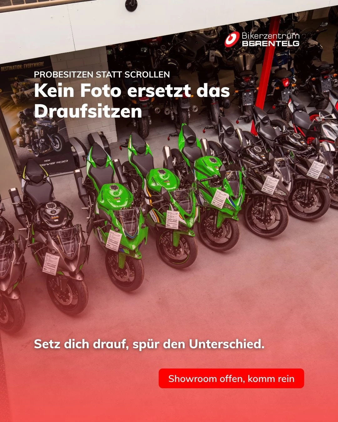 Vorschaubild für Post - Du kannst dir 100 Bilder anschauen – aber wissen tust du's erst, wenn du draufsitzt. 🏍️
Wie sich die Sitzposition anfühlt. Ob du sicher mit beiden Beinen stehst. Wie sich das Gewicht anfühlt, wenn du's aus dem Ständer hebst. All das siehst du auf keinem Foto – das spürst du nur live.
Genau dafür ist unser Showroom da. Komm rein, setz dich drauf, mach dir ein echtes Bild. Ganz ohne Verkaufsdruck – einfach fühlen, welches Bike zu dir passt.
Von schwarz-schnell bis knallgrün – bei uns steht mehr als genug zum Probesitzen bereit. 💚
Seit 1983. Kein Bullshit.
👉 Showroom ist offen – komm einfach vorbei.
📍 Bikerzentrum Berentelg, Meppen
#Bikerzentrum #Berentelg #Meppen #Motorrad #Showroom #Probesitzen #Kawasaki #Bikerleben #Motorradliebe #Emsland #Zweirad