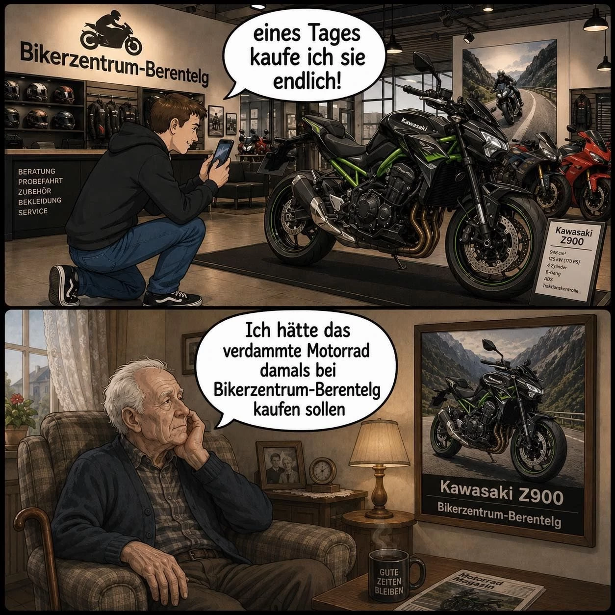 Vorschaubild für Post - „Ich warte noch ein bisschen…“
Kann man machen. 😏

Bis aus „irgendwann“ plötzlich „hätte ich damals mal…“ wird.

Motorräder sind nicht vernünftig.
Müssen sie auch nicht sein.

Wenn du jedes Mal stehen bleibst, wenn du an der einen Maschine vorbeigehst, dann hör auf, sie nur anzuschauen.

👉 Komm vorbei.
👉 Draufsetzen.
👉 Probefahren.
👉 Entscheiden.

Kawasaki. Yamaha. KTM.
Und ziemlich viele Gründe, nicht noch zehn Jahre zu warten.

📍 Bikerzentrum-Berentelg, Meppen-Versen

Welche Maschine würdet ihr euch heute kaufen, wenn ihr nicht mehr auf „irgendwann“ warten würdet? 👇

#BikerzentrumBerentelg #Motorrad #Kawasaki #Yamaha #KTM #MotorradLiebe #BikerLife #Emsland #Meppen #Motorradfahren
