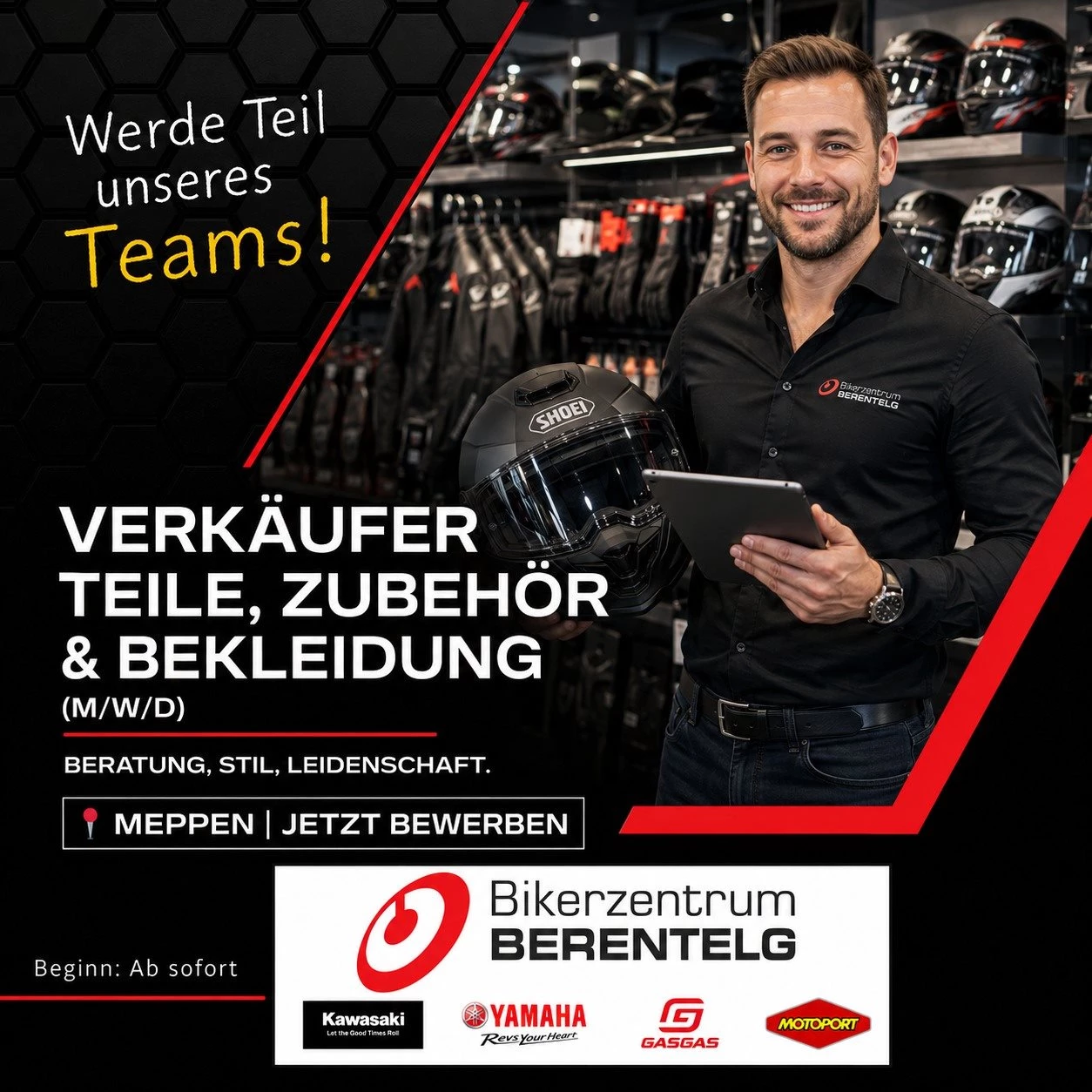 Vorschaubild für Post - 🔥 **Wir suchen Verstärkung!**

Du liebst Motorräder, hast Spaß am Verkauf und willst nicht jeden Tag dasselbe machen?

Dann komm zu uns ins **Bikerzentrum BERENTELG**.

Gesucht wird ein

Verkäufer Motorradteile, Zubehör & Bekleidung (m/w/d)**

Bei uns arbeitest du mitten in der Motorradwelt. Du berätst Kunden, verkaufst Motorradteile, Zubehör und Bekleidung, unterstützt bei der Serviceannahme und Terminierung und kümmerst dich zusätzlich um Bereiche wie Teilelager, eBay und unseren Online-Shop **Nr1motorrad.de**.

Was uns wichtig ist?

🏍️ Motorradaffinität
🤝 Freude am Umgang mit Menschen
💻 Interesse an digitalen Abläufen
🧠 Selbstständiges und zuverlässiges Arbeiten
🔥 Motivation und Lust, Teil unseres Teams zu werden

Was dich erwartet?

✅ Sicherer Arbeitsplatz in einem wachsenden Unternehmen
✅ Kawasaki, Yamaha und KTM
✅ Abwechslungsreiche Aufgaben
✅ Moderne Arbeitsumgebung
✅ Mitarbeiterrabatte
✅ Weiterbildungsmöglichkeiten

Du kommst aus dem Einzelhandel, Kfz-Bereich, Teilehandel oder einer ganz anderen Richtung, hast aber Benzin im Blut?

Dann sollten wir uns kennenlernen.

Gerne teilen oder jemanden markieren, der perfekt zu uns passen könnte.

#JobsMeppen #MotorradJobs #BikerzentrumBerentelg #Karriere #Emsland