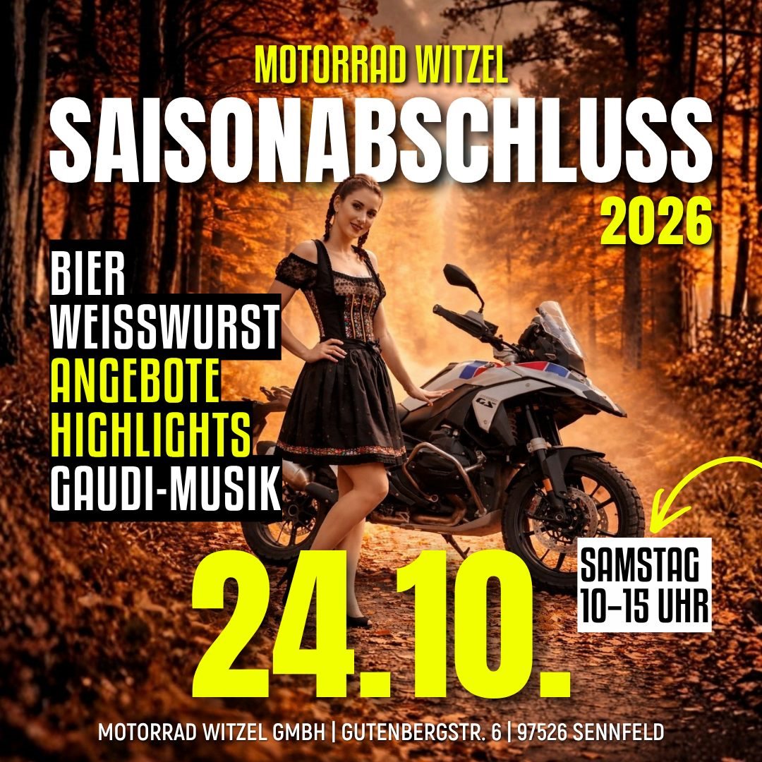 Vorschaubild für Post - DIE SAISON 2026 GEHT ZU ENDE –
ABER NICHT OHNE EINEN LETZTEN GEMEINSAMEN TAG! 🏍️ 

Eine tolle Motorradsaison liegt hinter uns – mit vielen Kilometern, schönen Touren, neuen Bikes und jeder Menge Benzingesprächen. Bevor wir in die Nebensaison gehen, möchten wir gemeinsam mit dir noch einmal richtig feiern!

Am Samstag, den 24.10.2026, steigt unser großer Saisonabschluss bei Motorrad Witzel in Sennfeld.

Dich erwartet ein besonderer Samstag unter Motorradfreunden mit bayerischen Schmankerln, Musik, guten Gesprächen, Motorrad-Highlights und natürlich starken Angeboten.

Und wenn du noch auf der Suche nach dem passenden Outfit für die nächste Saison bist: Motorradbekleidung gibt es zum Saisonabschluss bis zu 50 % reduziert!

🍺 Bier & Weißwurst
🥨 Bayerischer Angemachter mit Brezel
🏍️ Motorrad-Highlights & starke Angebote
🧥 Motorradbekleidung bis zu 50 % reduziert
🎵 Gaudi & Musik
🤝 Benzingespräche & gute Stimmung

Also: Freunde einpacken, vorbeikommen und gemeinsam mit uns die Saison 2026 ausklingen lassen! Wir freuen uns auf dich!

Dein Motorrad Witzel-Team

#MotorradWitzel #Saisonabschluss #Motorrad #Biker #Sennfeld #Schweinfurt #Motorradbekleidung #BikerTreff #Motorradliebe #Saison2026