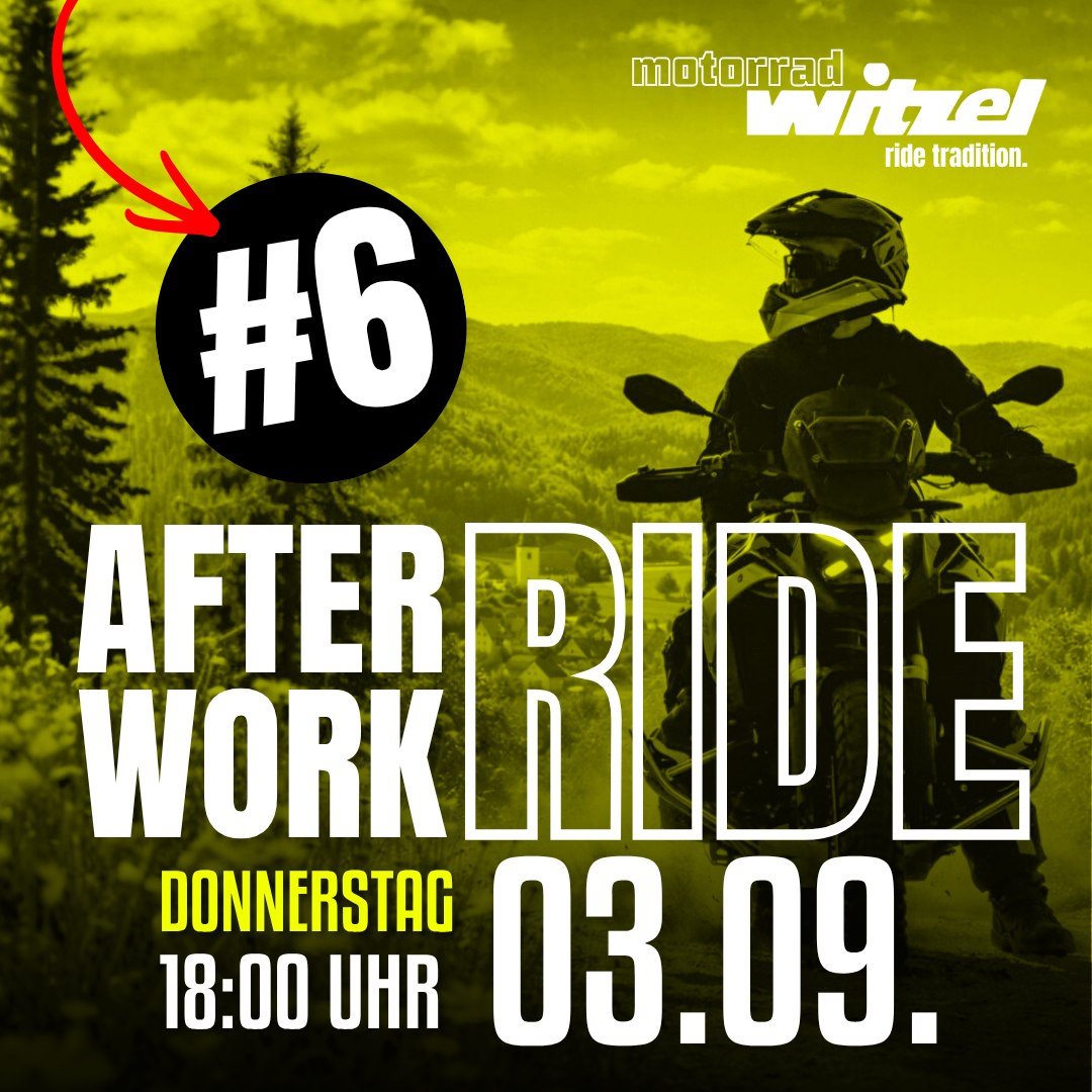 Vorschaubild für Post - 🏍️ AFTER WORK RIDE – DAS FINALE! 🏁

Ein letzter gemeinsamer Ride, bevor sich die Motorradsaison langsam in Richtung Herbst verabschiedet. 🍂

Am Donnerstag, 3. September 2026, um 18:00 Uhr treffen wir uns bei Motorrad Witzel in Sennfeld und starten gemeinsam zum finalen After Work Ride der Saison.
Rund 120 Kilometer voller Kurven, Fahrspaß und schöner Ausblicke warten auf uns. Dazu jede Menge Benzingespräche, gute Stimmung und das, was Motorradfahren ausmacht: gemeinsam unterwegs sein.

Und natürlich gehört zum perfekten Feierabend-Ride auch eine gemütliche Pause dazu. Bei einer gemeinsamen Einkehr lassen wir den Abend entspannt ausklingen.

🏁 Die Fakten auf einen Blick:
📍 Treffpunkt: Motorrad Witzel, Sennfeld
⏰ Start: 18:00 Uhr
🏍️ Strecke: ca. 120 km
⛽ Tipp: Bitte vollgetankt kommen
🍽️ Einkehr: unterwegs

Also: Helm auf, Motor an und gemeinsam die letzten Kurven des Sommers genießen!
Lasst uns zum Saisonfinale noch einmal Freiheit, Kurven und Gemeinschaft erleben. ❤️🏍️

Wir sehen uns beim After Work Ride – Finale!