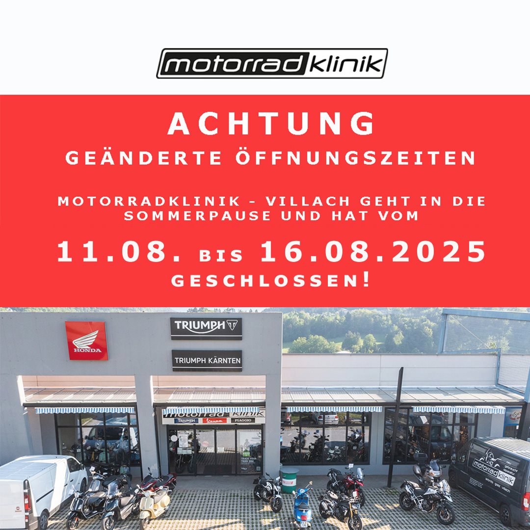 Vorschaubild für Post - Triumph-Kärnten geht in die Sommerpause!

Unsere Filiale in Villach bleibt von 11. 08. bis 16. 08.2025 geschlossen - wir wünschen Euch in der Zwischenzeit schöne Sommertage und "Save Ride"!😉🏍. 
Ab dem 18. August sind wir wieder für Euch da.