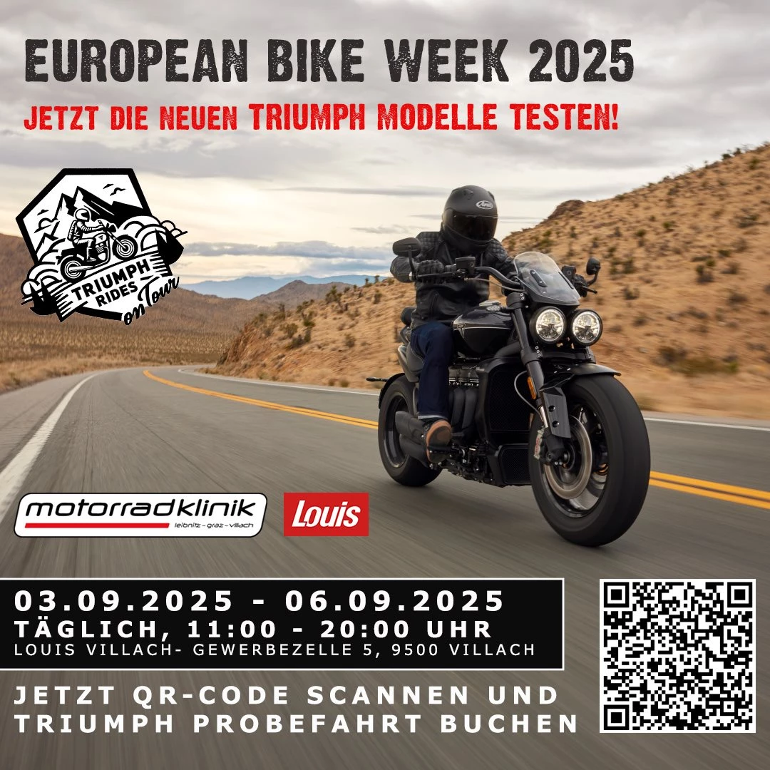 Vorschaubild für Post - 📣 Für alle Kurzentschlossenen - Triumph Rides on Tour in Villach! 🏍️🔥
Heute und morgen habt ihr im Rahmen der European Bike Week und bei traumhaftem Wetter noch die Möglichkeit, die riesige Palette an Triumph Motorrädern live zu testen! 🙌
📍 Wo? Einfach vorbeikommen bei Louis Villach
🤝 Supported by Motorradklinik & Louis
Egal ob Speed Triple, Tiger oder Rocket – alle Modelle der Kultmarke Triumph stehen für dich bereit zur Probefahrt!
👉 Nutze die Chance, spüre die Faszination Triumph und finde dein Traumbike!
#Triumph #EuropeanBikeWeek #Motorradklinik #LouisVillach #TestRide #ForTheRide