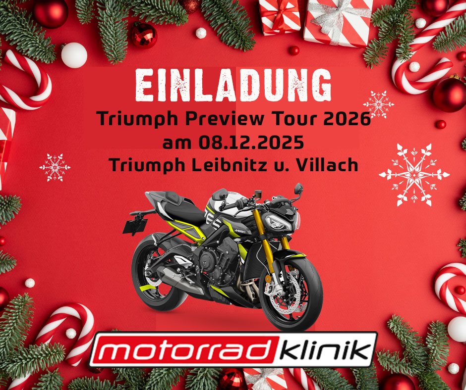 Vorschaubild für Post - Triumph Preview Tour 2026!
Du willst nicht länger auf die neue Saison warten?
Stille deinen Hunger nach aufregender Bike-Action und lerne die Modellneuheiten 2026 auf unserer Preview Tour kennen!

📅 Am 08. Dezember dreht sich in der Motorradklinik Villach alles rund um's Bike! Mit brandneuen Bikes, Snacks und Glühwein, tolle Angebote, MWST geschenkt auf Bekleidung, Helme und Accessoires!

📍 Einlass ab 09 Uhr – Motorradklinik Villach!
https://www.motorradklinik.at/de/custom-news
#triumphpreview  #triumphmotorcycles #ForTheRide #triumphkärnten #motorradklinik #neuheiten2026