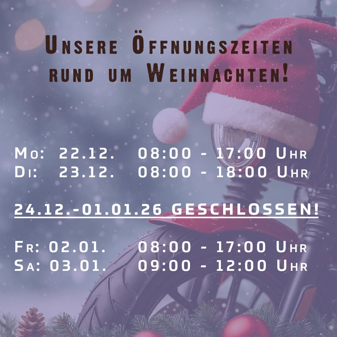 Vorschaubild für Post - 🎄🏍️ Öffnungszeiten vor Weihnachten – Wir sind für euch da! 🏍️🎄

Du bist noch auf der Suche nach dem passenden Weihnachtsgeschenk? 
Kein Problem! Triumph Kärnten hat am 22. & 23. Dezember noch für dich geöffnet.

🎁 Ob Gutscheine, Zubehör, Bekleidung oder etwas Besonderes rund um dein Motorrad – bei uns findest du garantiert das Richtige.

✨ Entspannt einkaufen statt Weihnachtsstress
Keine Parkplatzsuche, kein Gedränge – dafür persönliche Beratung und eine entspannte Atmosphäre.

Wir freuen uns auf deinen Besuch und wünschen dir schon jetzt frohe Weihnachten! 🎅✨
Dein Team der Motorradklinik.