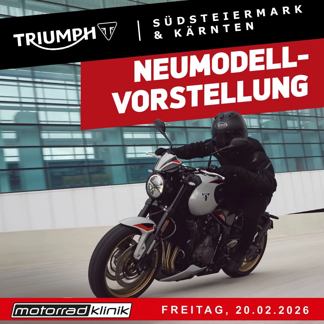 Vorschaubild für Post - ERLEBE DIE TRIUMPH NEUHEITEN 2026 LIVE!
Es ist soweit – die brandneuen Triumph Motorräder sind bei uns eingetroffen.
Erlebe am 20.Februar die Neuheiten 2026 - wir laden ein zur Neumodellpräsentation bei Triumph Villach.

Von den brandneuen Modern Classics Modellen wie die Bonneville Bobber, bis hin zu den neuen Roadster Modellen wie der Street Triple RX, die brandneue Trident 800 und die Tiger900 Desert.

Kommt vorbei, erlebt die neueste Technik, das unverwechselbare Design und die pure Fahrfreude, für die Triumph bekannt ist. Egal, ob ihr auf der Suche nach eurer nächsten Maschine seid oder einfach Benzingespräche führen wollt, wir freuen uns auf euren Besuch bei Snacks und Getränken!

Am Freitag, 20.02.2026!

🔗 Triumph Kärnten:
https://www.triumph-kaernten.at/de

🔗 Triumph Steiermark: 
https://www.triumph-steiermark.at/de

#fortheride #triumphmotorcycles #modellneuheiten #triumphkärnten