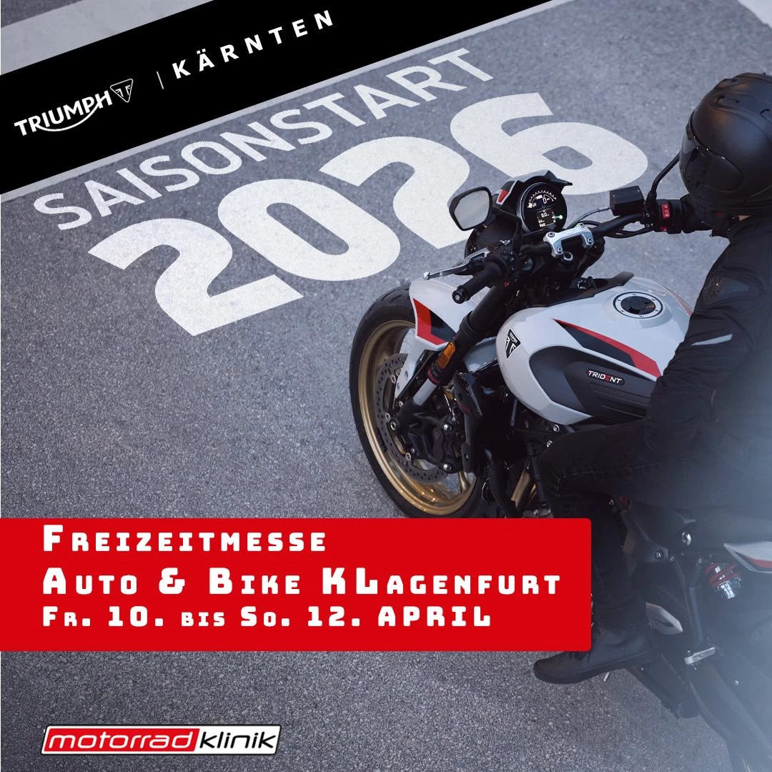 Vorschaubild für Post - 🔥 Triumph Kärnten - Season Opening 2026 🔥

Die neue Saison steht in den Startlöchern – und wir sind bereit! 🏍️💨
Triumph Kärnten ist von Fr. 10. bis So. 12.April für euch auf der Freizeit Auto & Bike Messe Klagenfurt am Start und bringt die neuesten Modelle direkt zu euch.

👉 Besucht uns in Halle 01 | Stand B05
👉 Entdeckt die aktuellen Bikes hautnah
👉 Lasst euch inspirieren für eure nächste Saison

Egal ob eingefleischter Triumph-Fan oder einfach neugierig – wir freuen uns auf euren Besuch!

#Triumph #SeasonOpening2026 #Klagenfurt #Motorradliebe #triumphkärnten #triumphmotorcycle #freizeitmesseklagenfurt
