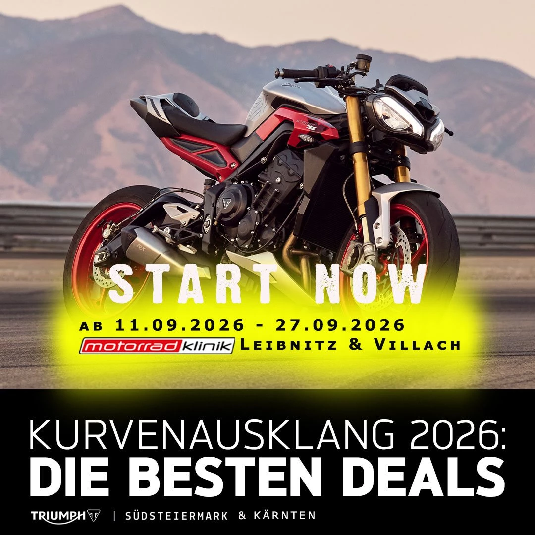 Vorschaubild für Post - Der Triumph Kurvenausklang startet!
Lass die Saison gemeinsam mit uns ausklingen – mit starken Angeboten, jeder Menge Fahrspaß und guten Gesprächen rund ums Motorrad. 

🏍️ Vorführfahrzeuge zu unschlagbaren Konditionen
🔥 Top-Deals für ausgewählte Neufahrzeuge
👕 Summer-Sale mit 20% Rabatt auf die gesamte Bekleidung, Helme und Stiefel. 

Probefahrten sind ebenfalls möglich, Anmeldung vorab online & spontan vor Ort!

Wann & wo? 
ab 11.09.2026 bis 27.09.2026
Triumph Südsteiermark und Villach

#summersale #triumphsüdsteiermark #triumphkärnten #demobike #fortheride #triumphmotorcycle