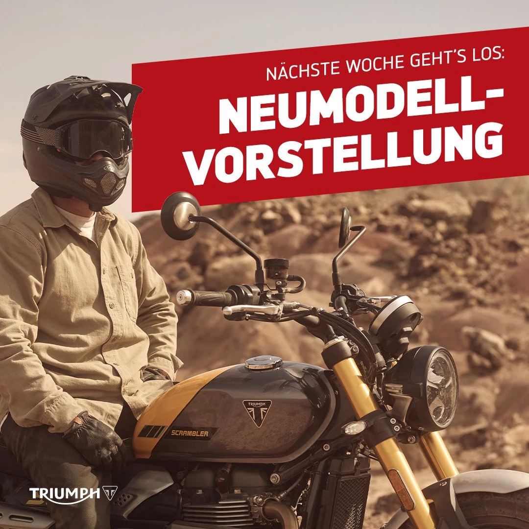 Vorschaubild für Post - 20.03.2026: ERLEBE DIE TRIUMPH NEUHEITEN 2026 LIVE 
Es ist soweit – die brandneuen Triumph Motorräder sind bei uns eingetroffen.
Erlebe am 20.03.2026 die Neuheiten 2026 von Triumph live bei uns im Haus.
Von den brandneuen Modern Classics Modellen, bis hin zu den neuen Roadster Modellen wie der Street Triple RX und der Trident 800, bei uns lassen sich die Neuheiten hautnah erleben.
Kommt vorbei, erlebt die neueste Technik, das unverwechselbare Design und die pure Fahrfreude, für die Triumph bekannt ist. Egal, ob ihr auf der Suche nach eurer nächsten Maschine seid oder einfach Benzingespräche führen wollt, wir freuen uns auf euren Besuch.
Erlebt die nächste Generation Triumph live bei uns.