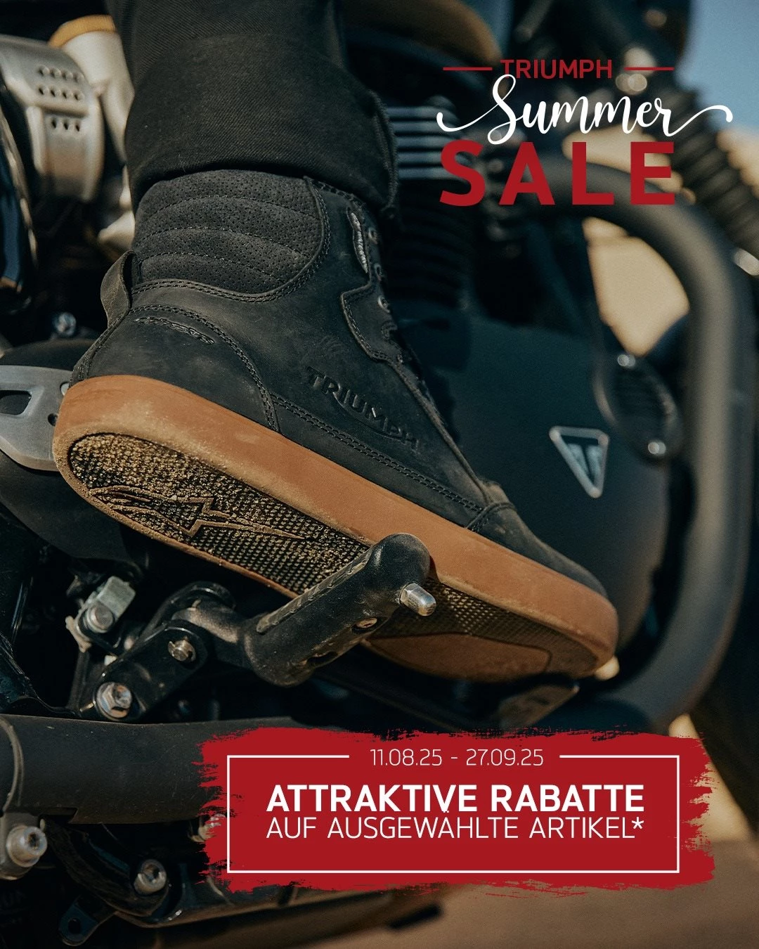 Vorschaubild für Post - LETZTE CHANCE 🚨☀️
Beim Triumph Summer Sale kannst du das ein oder andere Schnäppchen schießen! 

Freu dich auf eine große Auswahl an Motorrad- und Freizeitbekleidung bei uns im Showroom. Wir beraten dich gerne!

*gültig auf ausgewählte, vorrätige Bestandsware
#triumph #fortheride #motorcycle