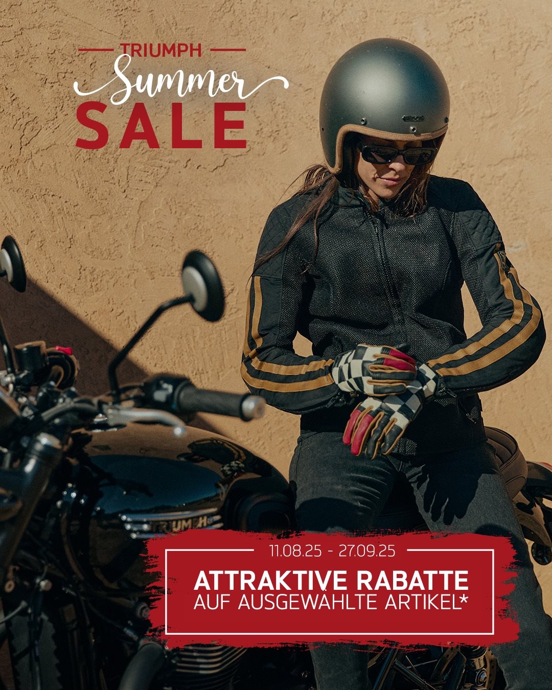 Vorschaubild für Post - Der Sommer ist da, die Preise schmelzen 🥵🏍️ Sichere dir ab Montag satte Prozente auf ausgewählte Damen- & Herrenbekleidung von Triumph!
*Gültig für ausgewählte Artikel aus dem vorrätigen Bekleidungssortiment

#triumph #triumphmotorcycles #summersale