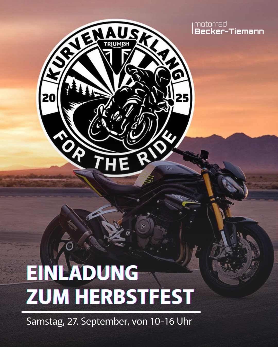 Vorschaubild für Post - Der Herbst steht vor der Tür und die letzten Kurven wollen noch gefahren werden! Deswegen geben wir euch einen guten Grund, sich aufs Motorrad zu schwingen und bei unserem "Kurvenausklang" vorbeizuschauen.  Zu diesem Herbstfest laden wir am Samstag 27. September, von 10 bis 16 Uhr in Paderborn ein. 
Also tragt den Tag in euren Kalender ein und kommt mit Freunden oder der ganzen Familie vorbei!

Unser Tagesprogramm:

kostenlose Probefahrten mit BMW und Triumph Vorführern
bis zu 50% Rabatt auf BMW Motorrad-Bekleidung
bis zu 75% Rabatt auf Triumph Motorrad-Bekleidung
kostenloser Herbst-Check an Deinem Motorrad
R 18 Stammtisch „Achtzehnhunderter“
u.v.m.
 
Mehr Infos zu unserem Tagesprogramm findet ihr auf unserer Homepage: 
www.triumph-paderborn.de --> unter Events

Wir freuen uns auf euch!