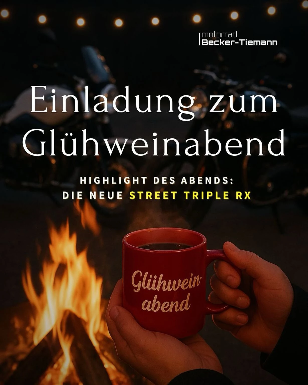 Vorschaubild für Post - 🌟 Gemütlicher Jahresausklang in Paderborn! 🌟

Wir laden Euch herzlich zu unserem gemütlichen Jahresausklang in unserer Filiale in Paderborn ein! 🏍️☕

🗓️ Wann: 12.12.2025 von 16 bis 19 Uhr 
📍 Wo: Triumph Paderborn, Halberstädter Straße 53

Freut Euch auf:

🔥 Heißen Glühwein (mit und ohne Alkohol)

🍪 Frische Waffeln und leckeres Weihnachtsgebäck 

🤩 Die Premiere des Abends: Wir präsentieren euch die neue Triumph Street Triple RX!

Anfassen, Probesitzen und Vorfühlen ist ausdrücklich erwünscht!

Unser Motto: Lieber den Glühwein kippen als das Motorrad 😅

Kommt vorbei und lasst uns das Jahr gemeinsam ausklingen! Wir freuen uns auf Euch!

#glühweinabend #Paderborn #Motorrad #triumphmotorcycle #StreetTripleRX