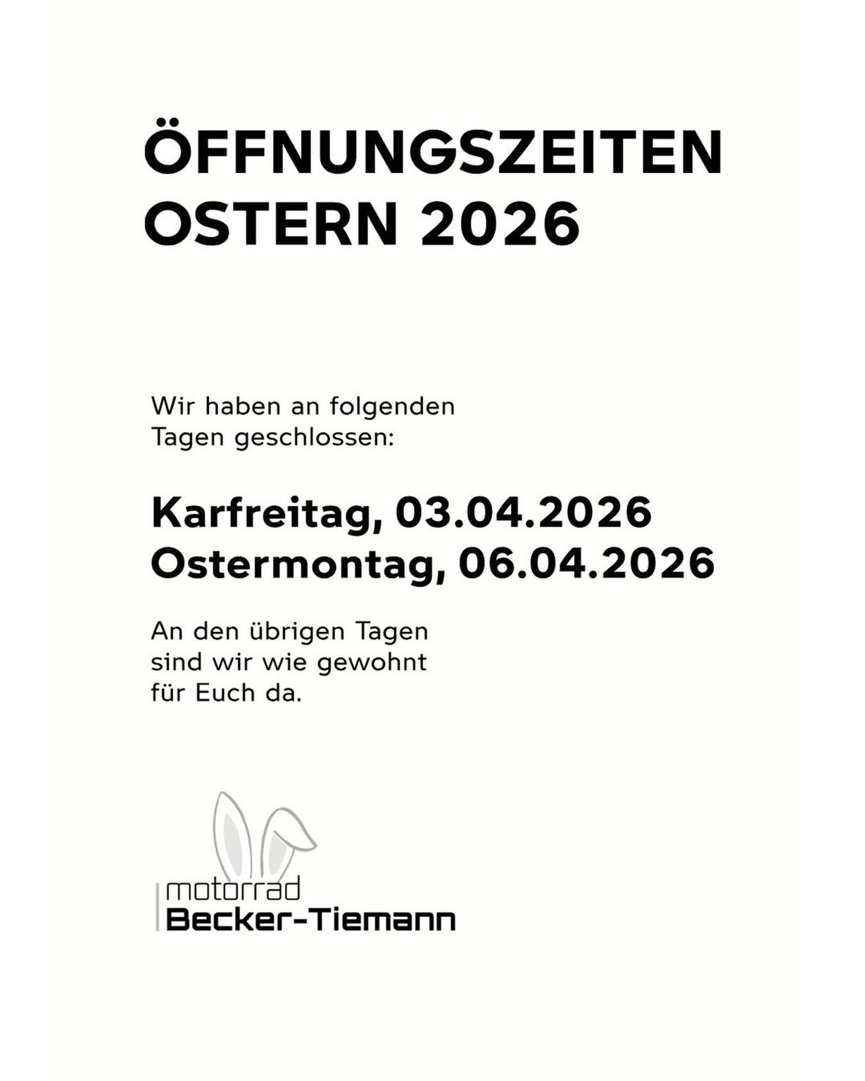Vorschaubild für Post - Wichtige Infos zu den Ostertagen:
An Karfreitag und Ostermontag haben wir an allen Standorten geschlossen.

❗️Auch in Paderborn findet der gewohnte Schausonntag (Ostersonntag) diesmal nicht statt. Wir suchen stattdessen Ostereier. 😉

Wir wünschen euch frohe Ostern!