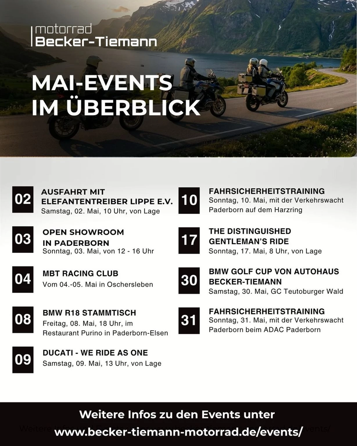Vorschaubild für Post - 📍Unsere Mai-Events für dich! 
Wir haben wieder ein tolles Programm im Mai geplant und freuen uns über jeden, der mitfährt oder mal Hallo sagt.

Sei bei der ersten Tagestour der Elefantentreiber dabei, komm an diesen Sonntag, 03. Mai, nach Paderborn zwischen 12-16 Uhr und schau dich ganz in Ruhe um.

Oder du fährst gern Rennstrecke und suchst Gleichgesinnte aus der Region? Dann schließe dich unserer MBT Racing Community an, die am 04. Mai in Oschersleben ihren Auftakt hat. 

Du siehst, hie ist für jeden etwas dabei. Schau am besten mal auf unserer Homepage unter „Events“ vorbei. Dort findest du sowohl weitere Infos zu allen Events. 

Wir sehen uns!👋 

#motorradbeckertiemann #triumphpaderborn #paderborn #Lage #einbeck